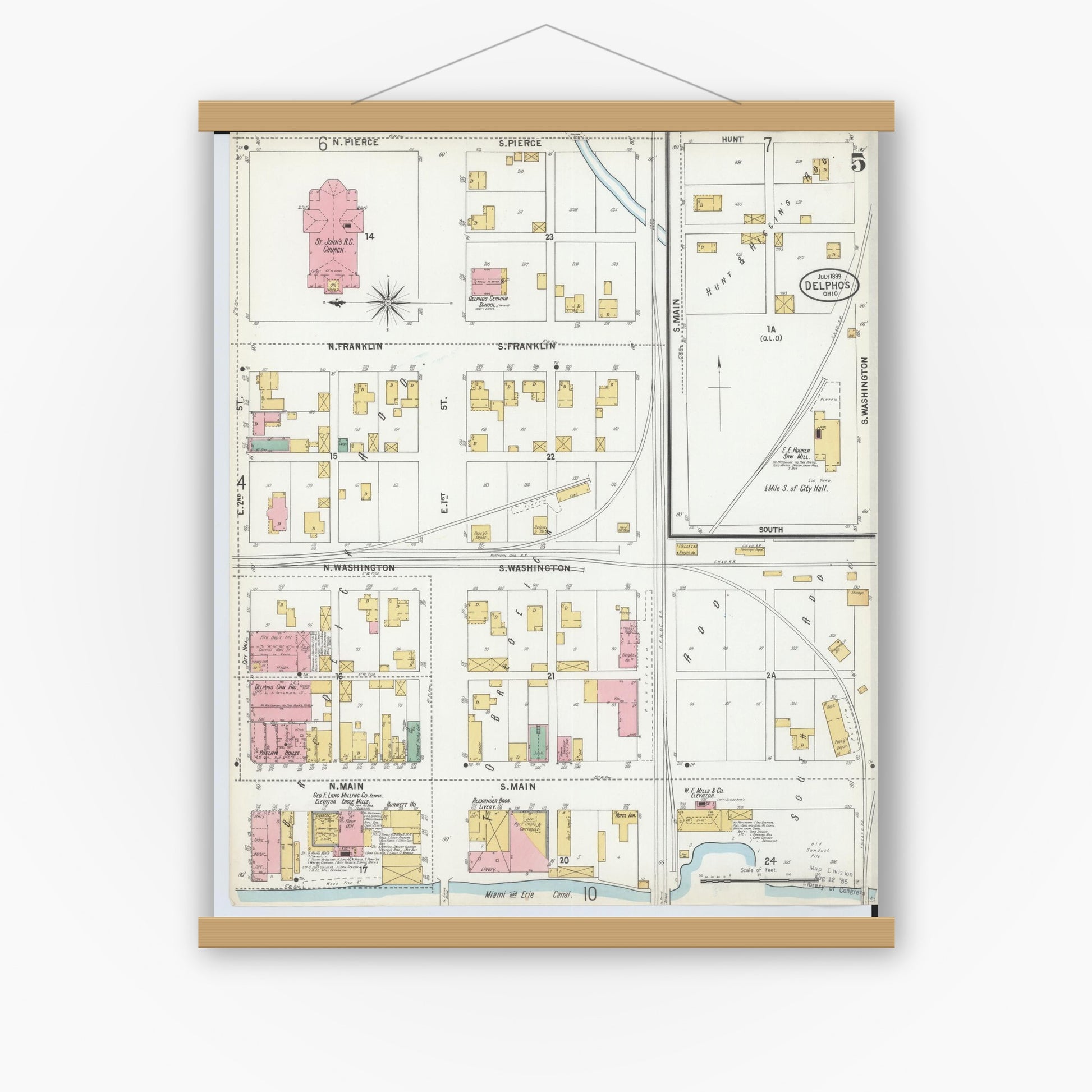 Old map wall art mockup — magnetic wood frame on white wall — Sanborn Fire Insurance Map from Delphos, Van Wert And Allen Counties, Ohio (1899), Sheet #0005