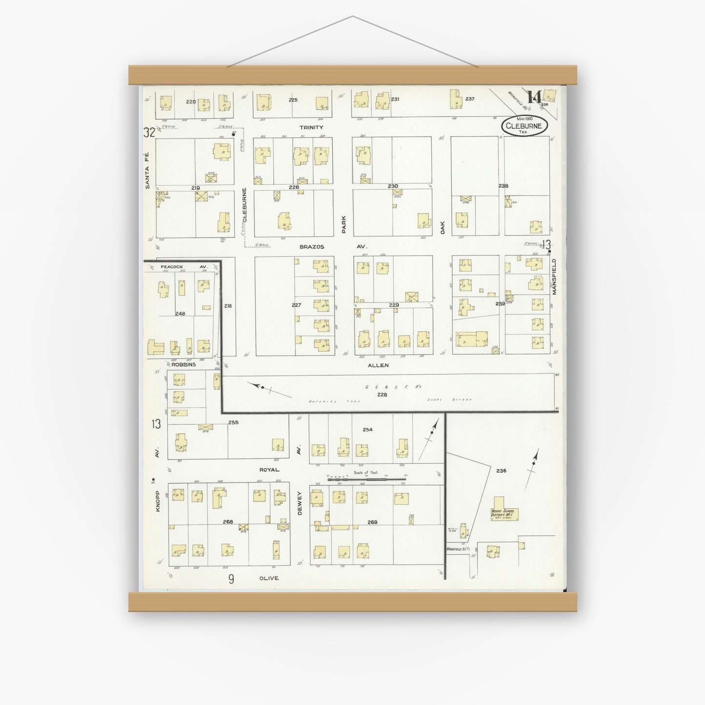 Old map wall art mockup — magnetic wood frame on white wall — Sanborn Fire Insurance Map from Cleburne, Johnson County, Texas (1910), Sheet #0014