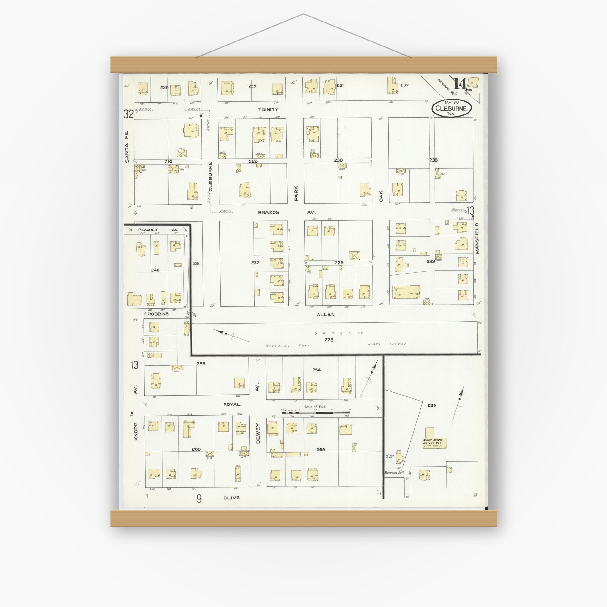 Old map wall art mockup — magnetic wood frame on white wall — Sanborn Fire Insurance Map from Cleburne, Johnson County, Texas (1910), Sheet #0014