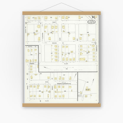 Old map wall art mockup — magnetic wood frame on white wall — Sanborn Fire Insurance Map from Cleburne, Johnson County, Texas (1910), Sheet #0014