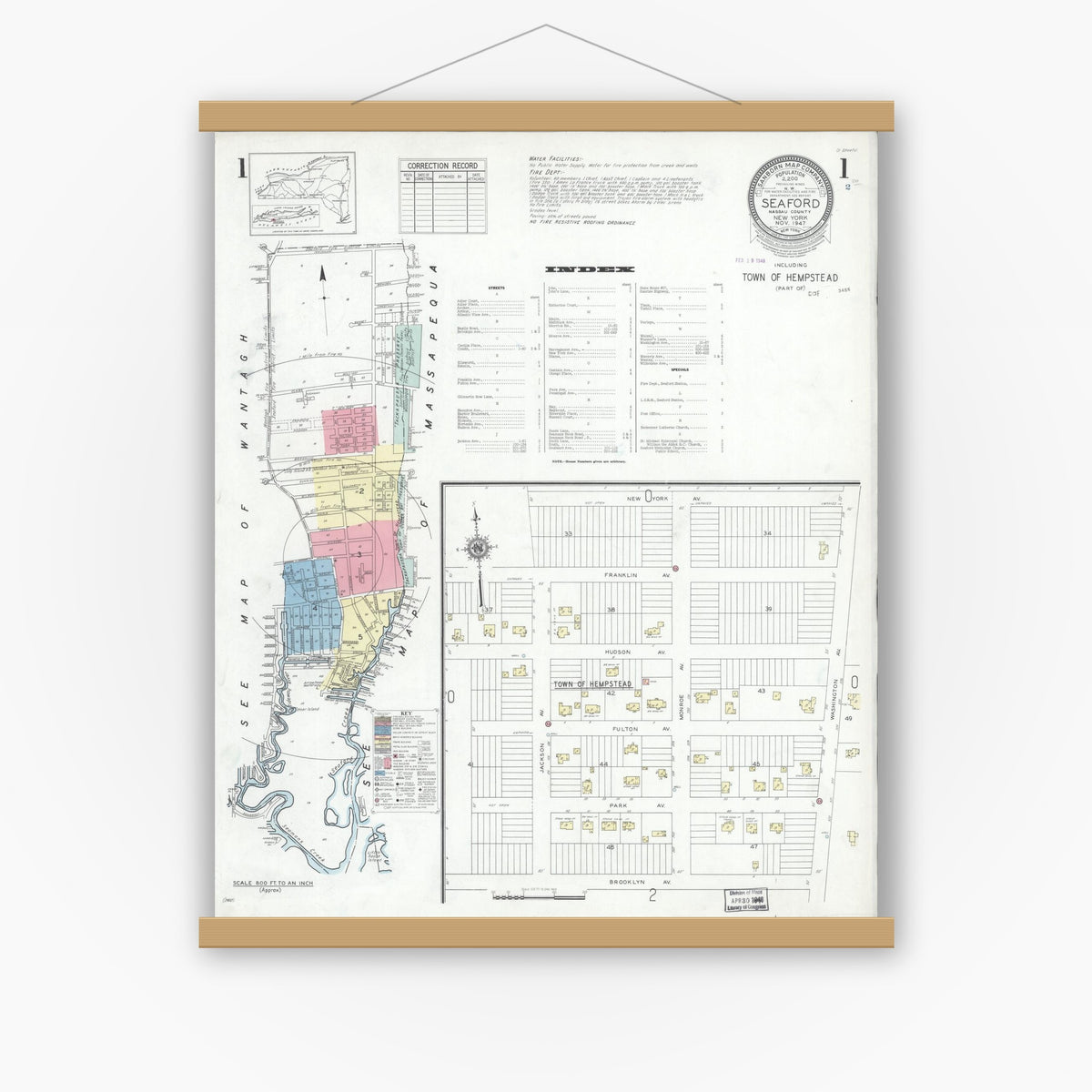Old map wall art mockup — magnetic wood frame on white wall — Sanborn Fire Insurance Map from Seaford, Nassau County, New York (1947) - Complete Map Set
