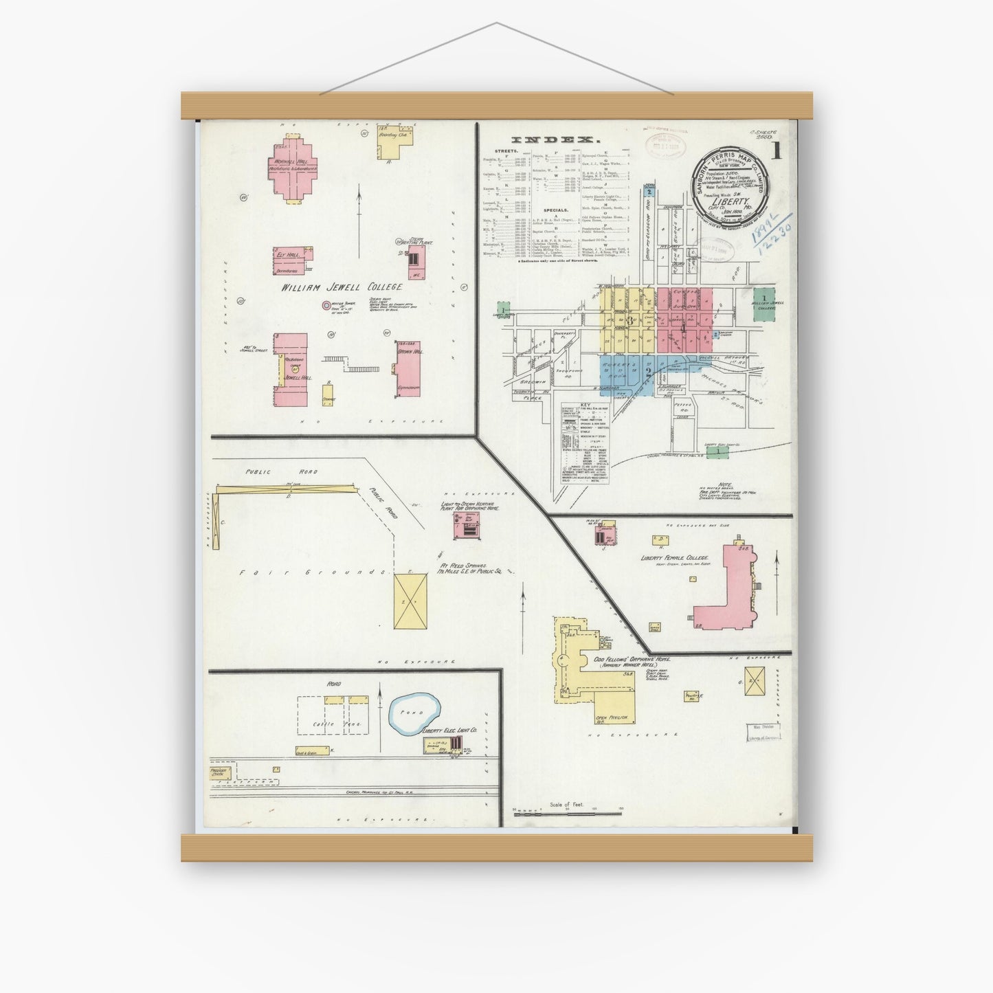 Old map wall art mockup — magnetic wood frame on white wall — Sanborn Fire Insurance Map from Liberty, Clay County, Missouri (1899) - Complete Map Set