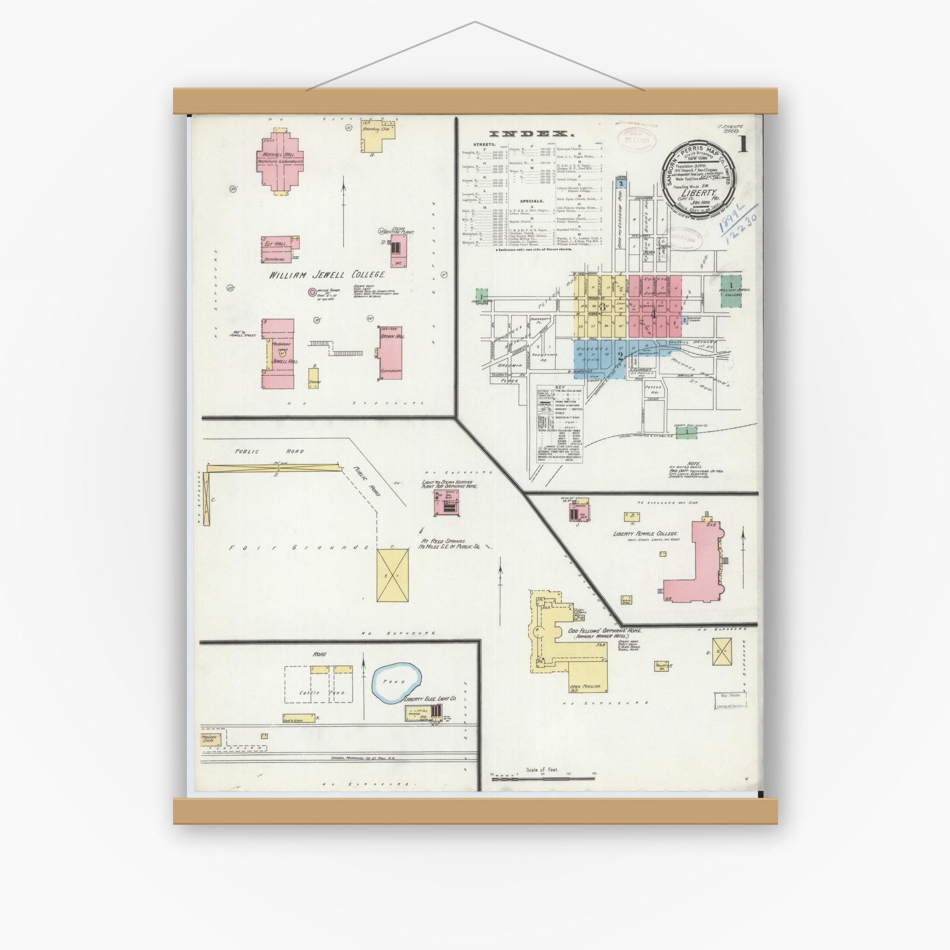 Old map wall art mockup — magnetic wood frame on white wall — Sanborn Fire Insurance Map from Liberty, Clay County, Missouri (1899) - Complete Map Set