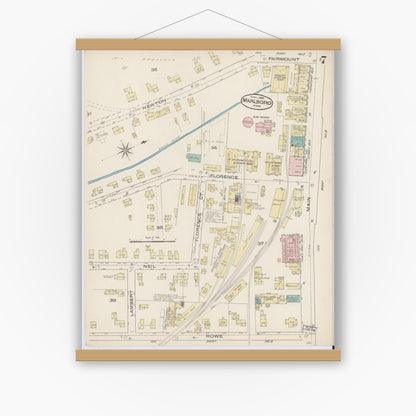 Old map wall art mockup — magnetic wood frame on white wall — Sanborn Fire Insurance Map from Marlborough, Middlesex County, Massachusetts (1885), Sheet #0007