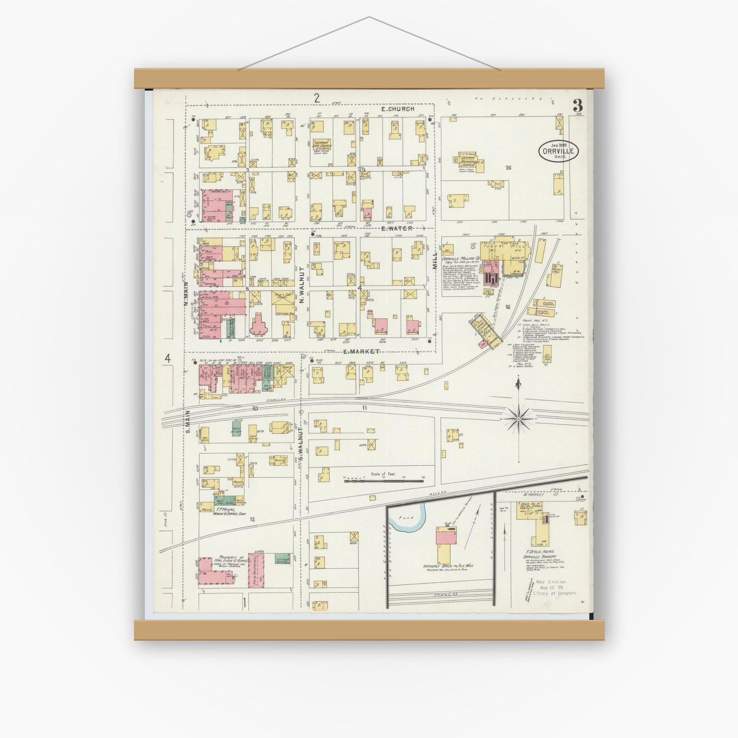 Old map wall art mockup — magnetic wood frame on white wall — Sanborn Fire Insurance Map from Orrville, Wayne County, Ohio (1899), Sheet #0003