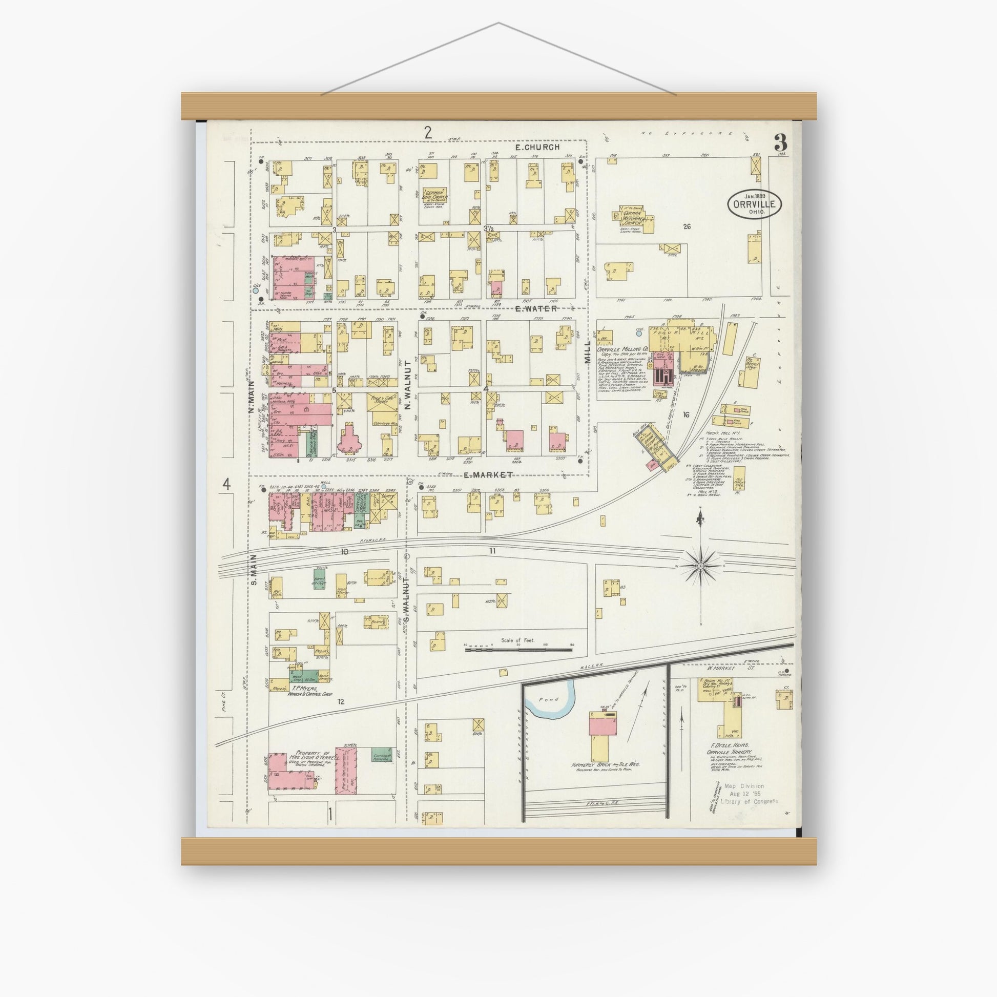 Old map wall art mockup — magnetic wood frame on white wall — Sanborn Fire Insurance Map from Orrville, Wayne County, Ohio (1899), Sheet #0003