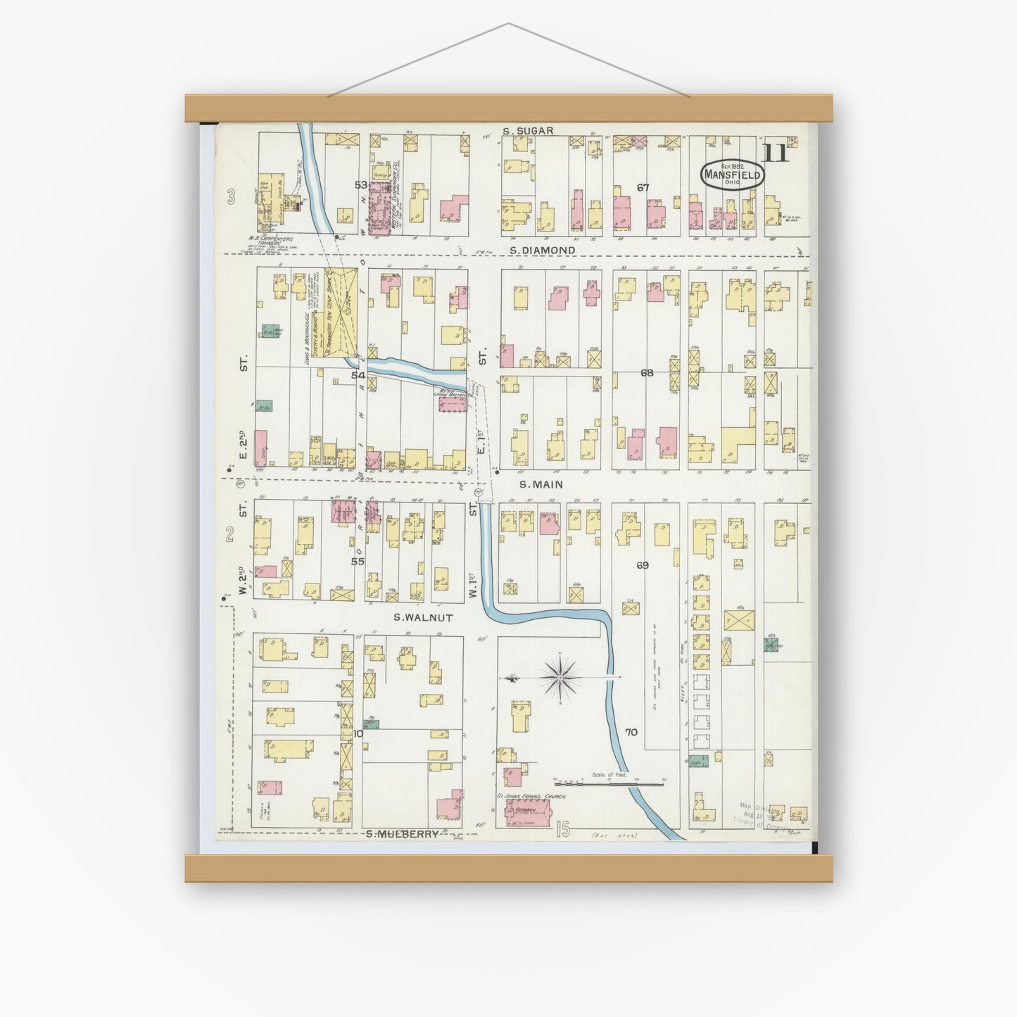Old map wall art mockup — magnetic wood frame on white wall — Sanborn Fire Insurance Map from Mansfield, Richland County, Ohio (1892), Sheet #0011