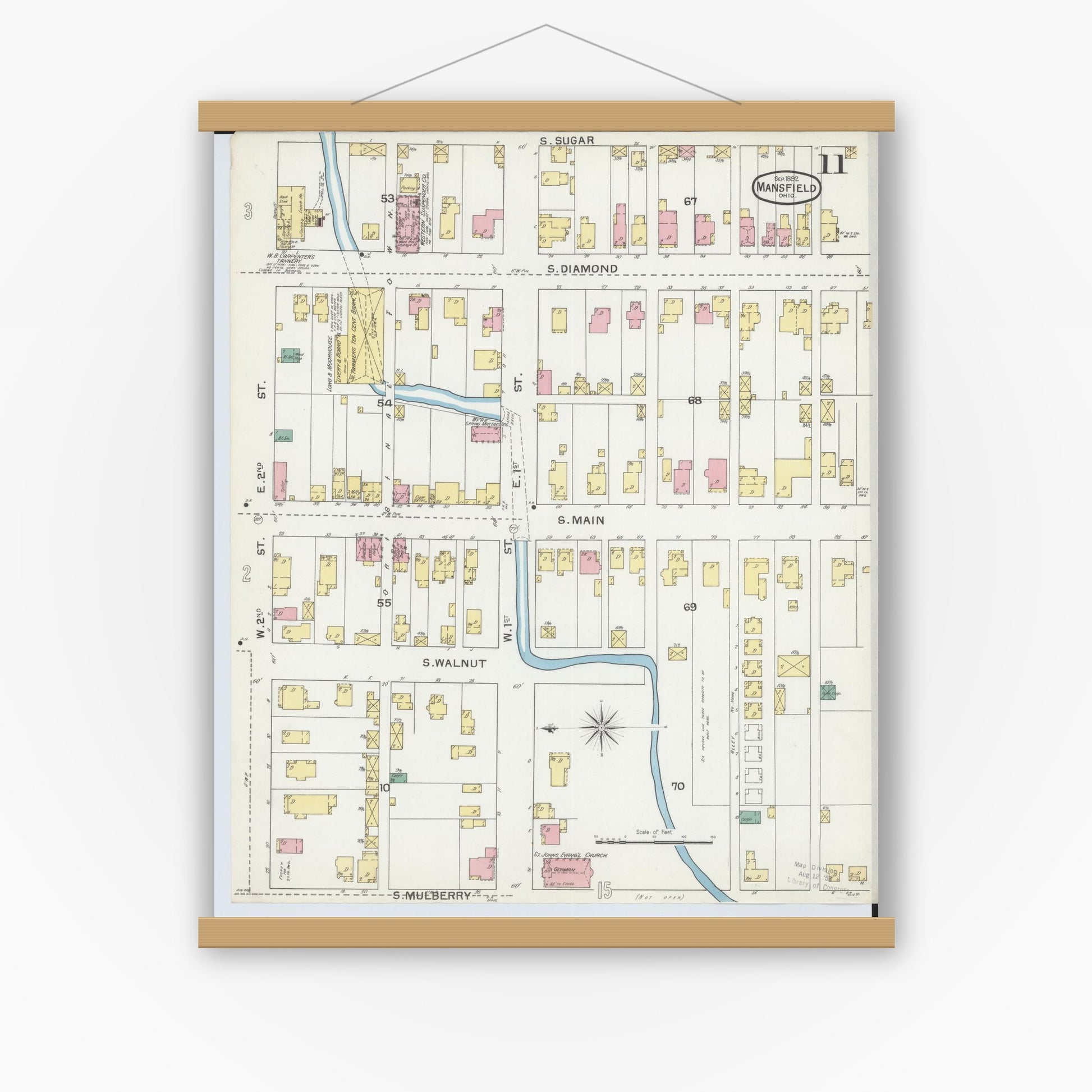 Old map wall art mockup — magnetic wood frame on white wall — Sanborn Fire Insurance Map from Mansfield, Richland County, Ohio (1892), Sheet #0011