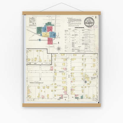 Old map wall art mockup — magnetic wood frame on white wall — Sanborn Fire Insurance Map from Columbiana, Columbiana County, Ohio (1909) - Complete Map Set