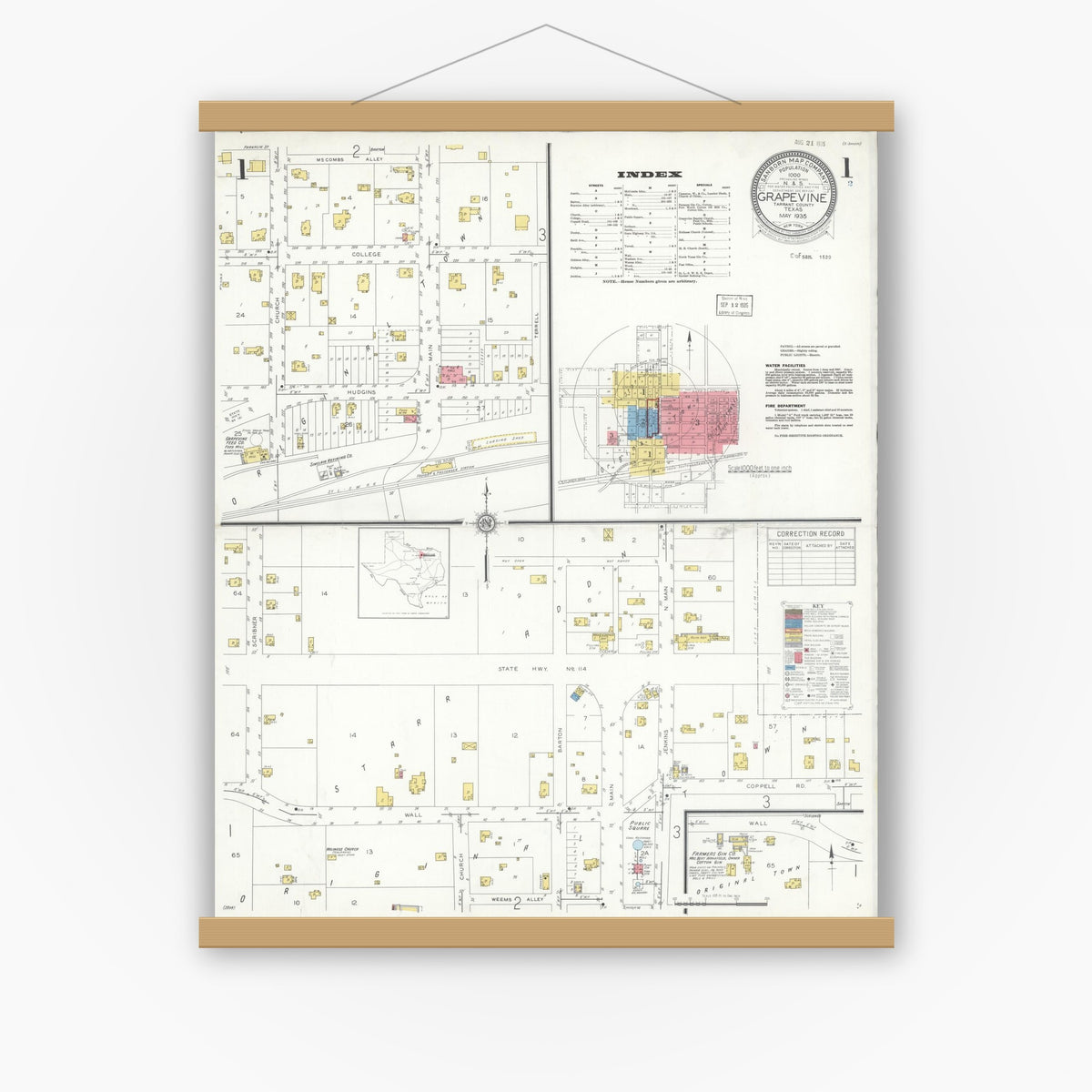 Old map wall art mockup — magnetic wood frame on white wall — Sanborn Fire Insurance Map from Grapevine, Tarrant County, Texas (1935) - Complete Map Set