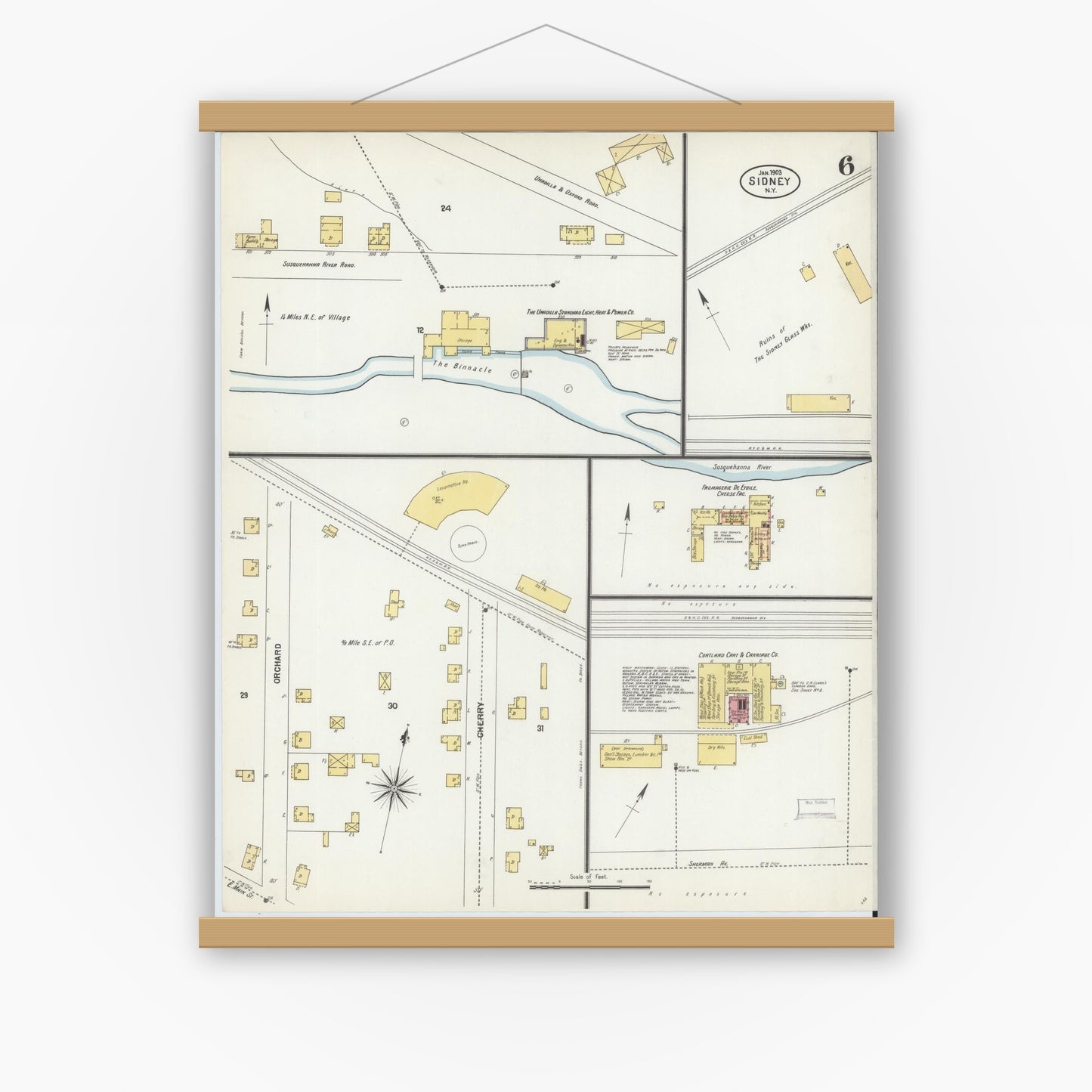 Old map wall art mockup — magnetic wood frame on white wall — Sanborn Fire Insurance Map from Sidney, Delaware County, New York (1903), Sheet #0006