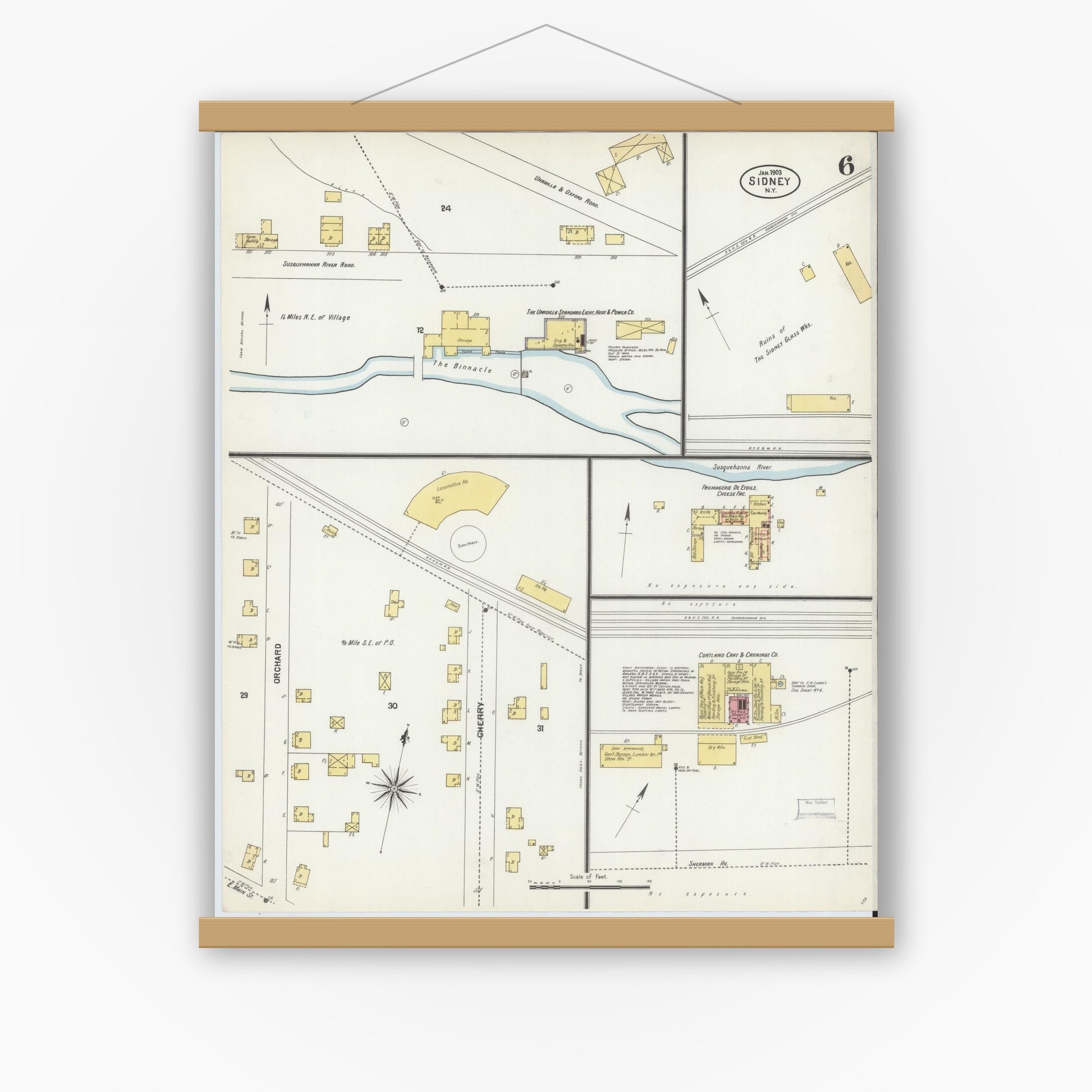Old map wall art mockup — magnetic wood frame on white wall — Sanborn Fire Insurance Map from Sidney, Delaware County, New York (1903), Sheet #0006