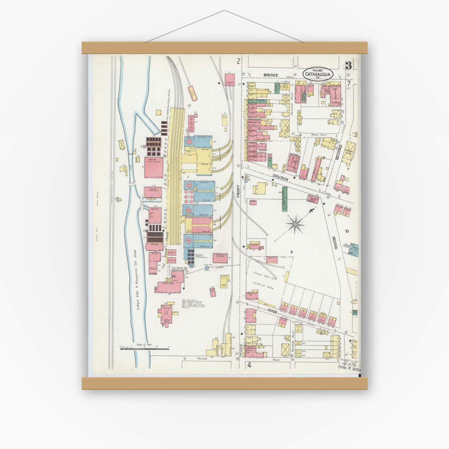 Old map wall art mockup — magnetic wood frame on white wall — Sanborn Fire Insurance Map from Catasauqua, Lehigh County, Pennsylvania (1902), Sheet #0003