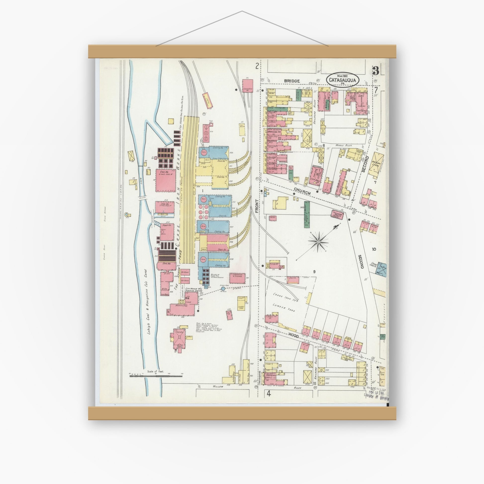 Old map wall art mockup — magnetic wood frame on white wall — Sanborn Fire Insurance Map from Catasauqua, Lehigh County, Pennsylvania (1902), Sheet #0003