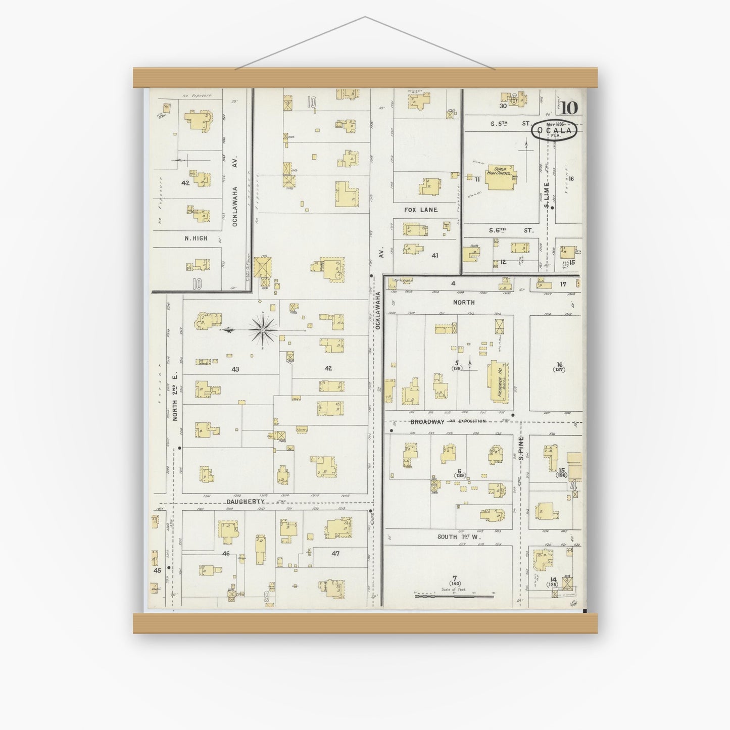 Old map wall art mockup — magnetic wood frame on white wall — Sanborn Fire Insurance Map from Ocala, Marion County, Florida (1895), Sheet #0010