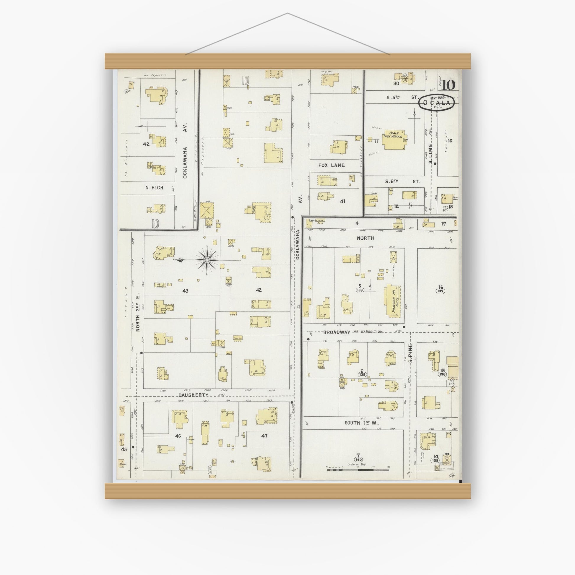 Old map wall art mockup — magnetic wood frame on white wall — Sanborn Fire Insurance Map from Ocala, Marion County, Florida (1895), Sheet #0010