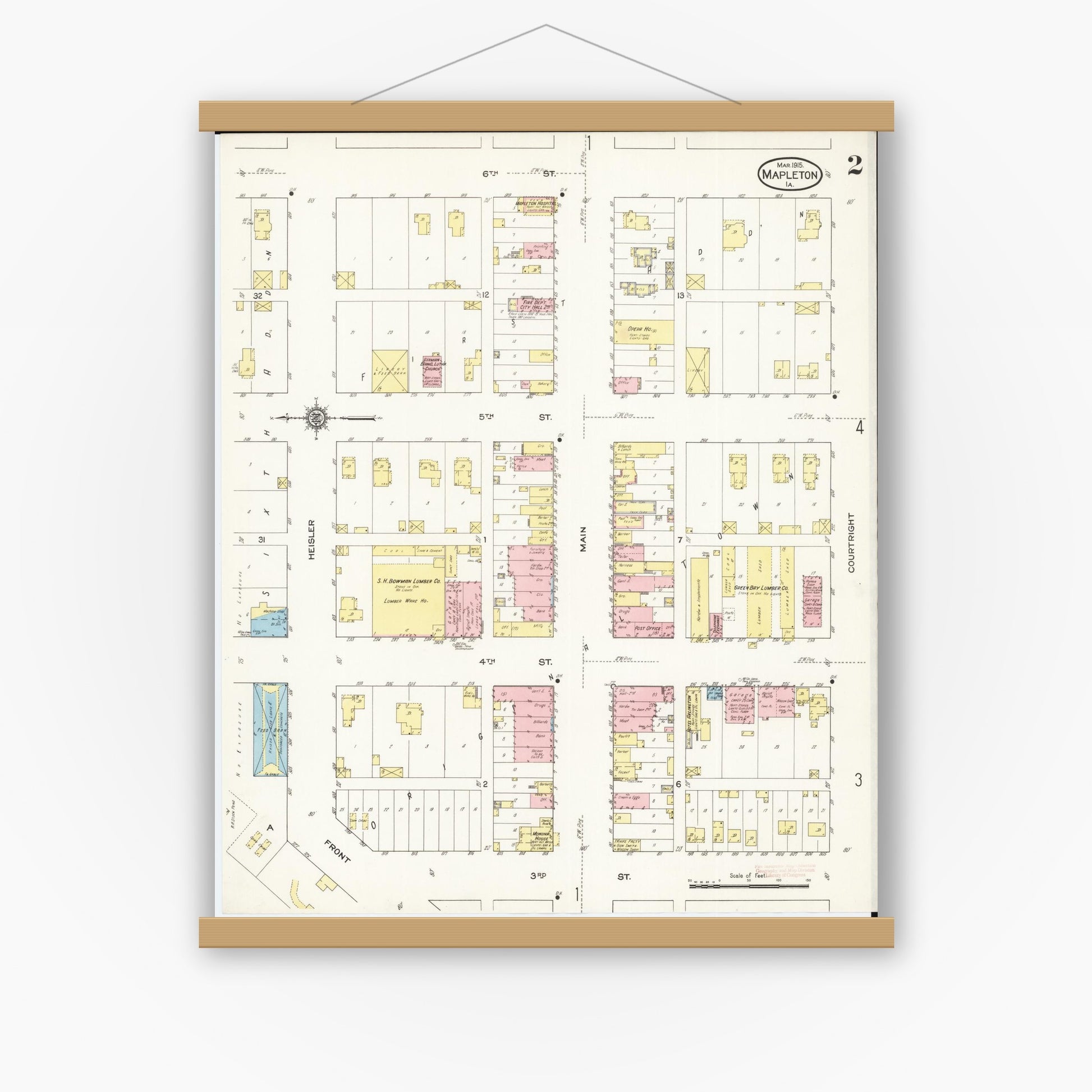 Old map wall art mockup — magnetic wood frame on white wall — Sanborn Fire Insurance Map from Mapleton, Monona County, Iowa (1915), Sheet #0002