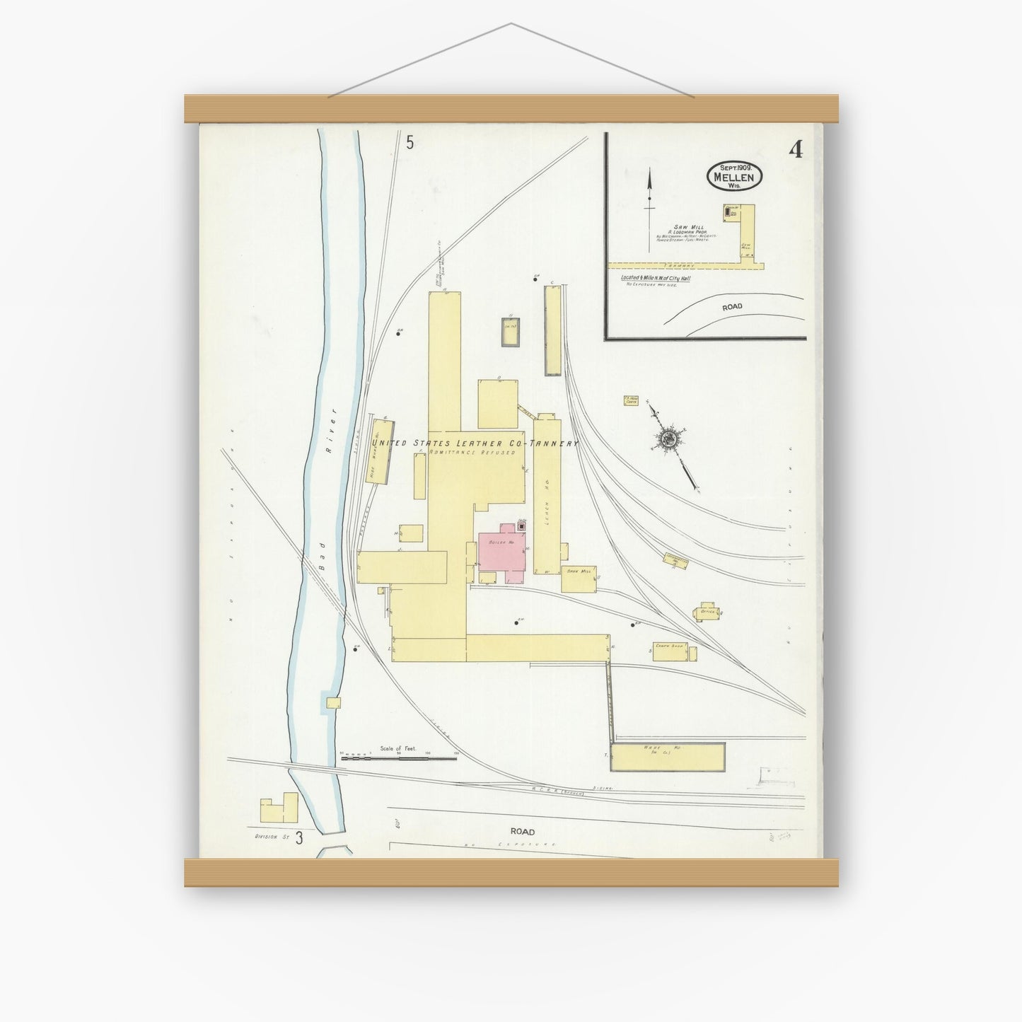 Old map wall art mockup — magnetic wood frame on white wall — Sanborn Fire Insurance Map from Mellen, Ashland County, Wisconsin (1909), Sheet #0004