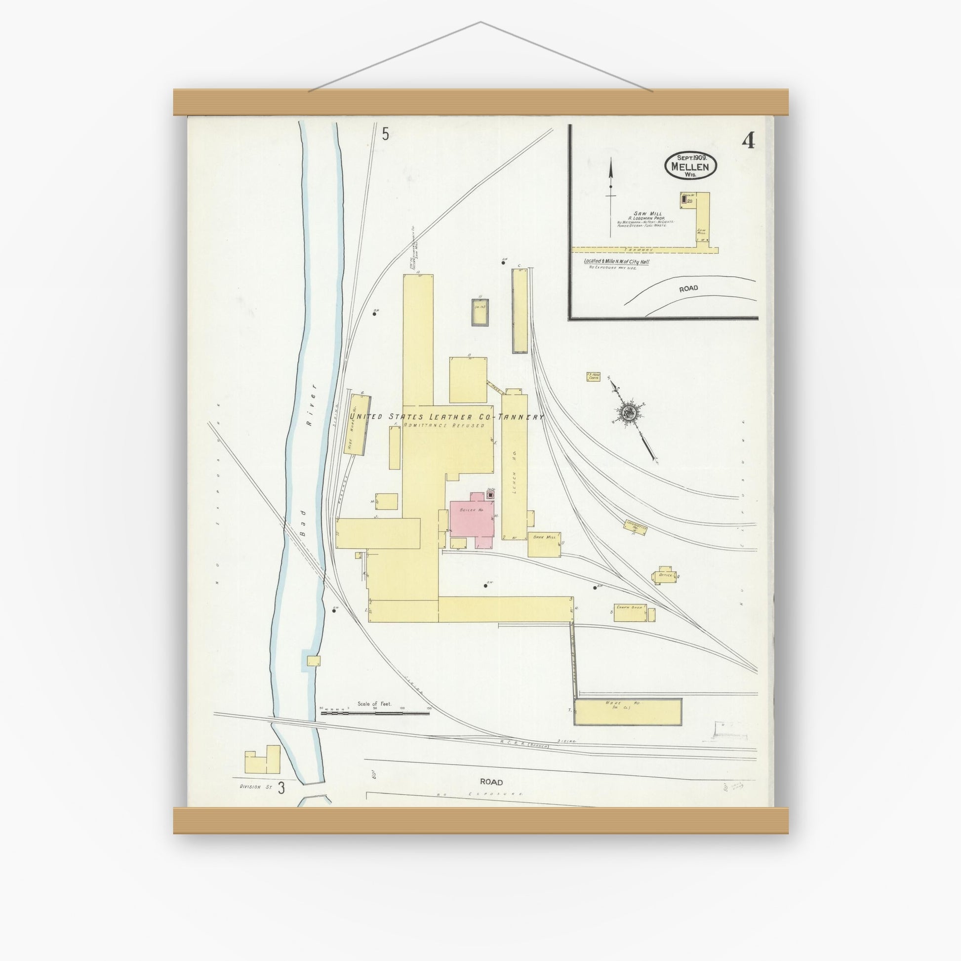 Old map wall art mockup — magnetic wood frame on white wall — Sanborn Fire Insurance Map from Mellen, Ashland County, Wisconsin (1909), Sheet #0004