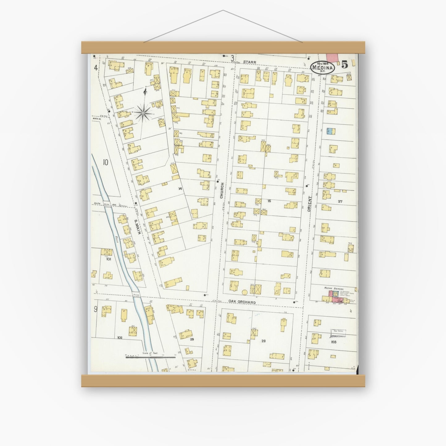 Old map wall art mockup — magnetic wood frame on white wall — Sanborn Fire Insurance Map from Medina, Orleans County, New York (1904), Sheet #0005