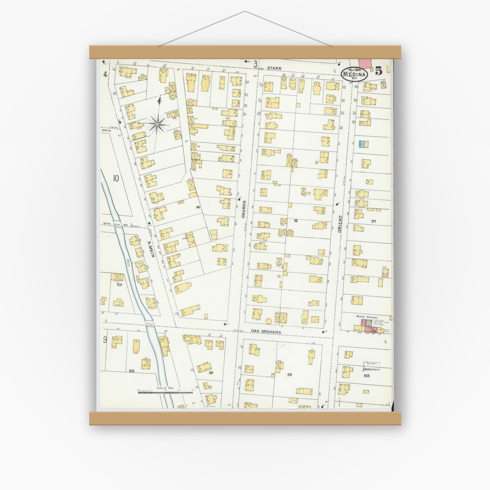 Old map wall art mockup — magnetic wood frame on white wall — Sanborn Fire Insurance Map from Medina, Orleans County, New York (1904), Sheet #0005