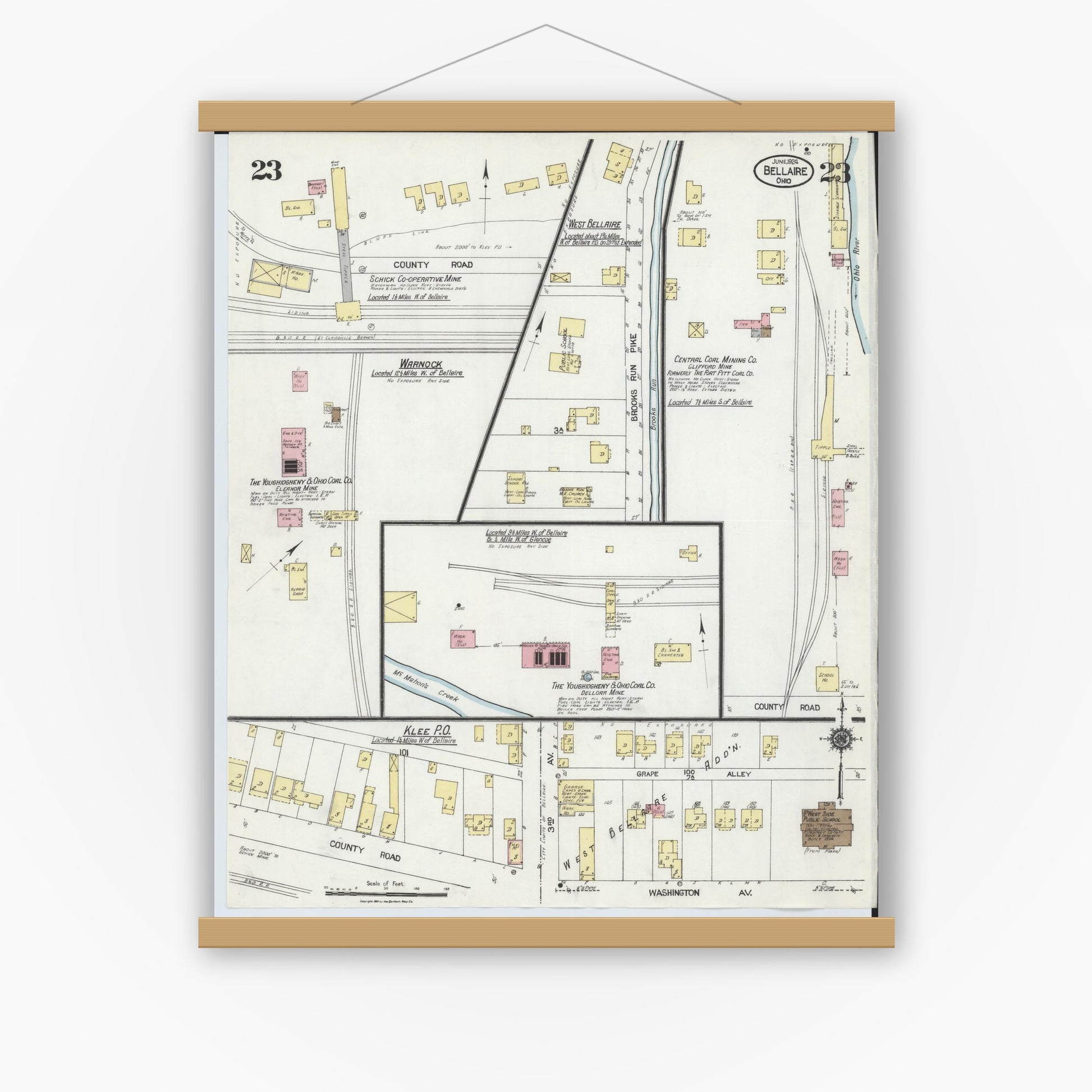 Old map wall art mockup — magnetic wood frame on white wall — Sanborn Fire Insurance Map from Bellaire, Belmont County, Ohio (1924), Sheet #0023