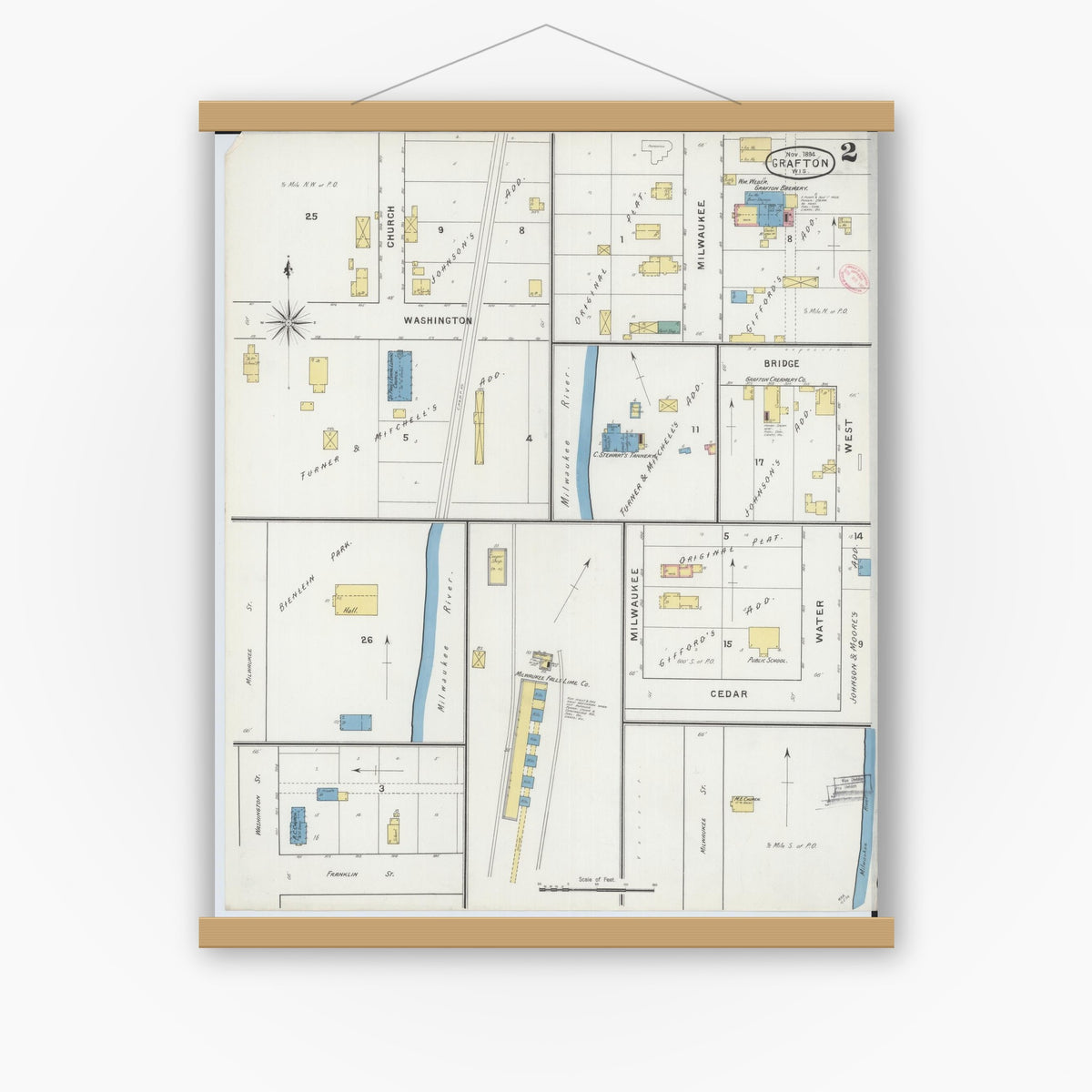 Old map wall art mockup — magnetic wood frame on white wall — Sanborn Fire Insurance Map from Grafton, Ozankee County, Wisconsin (1894), Sheet #0002