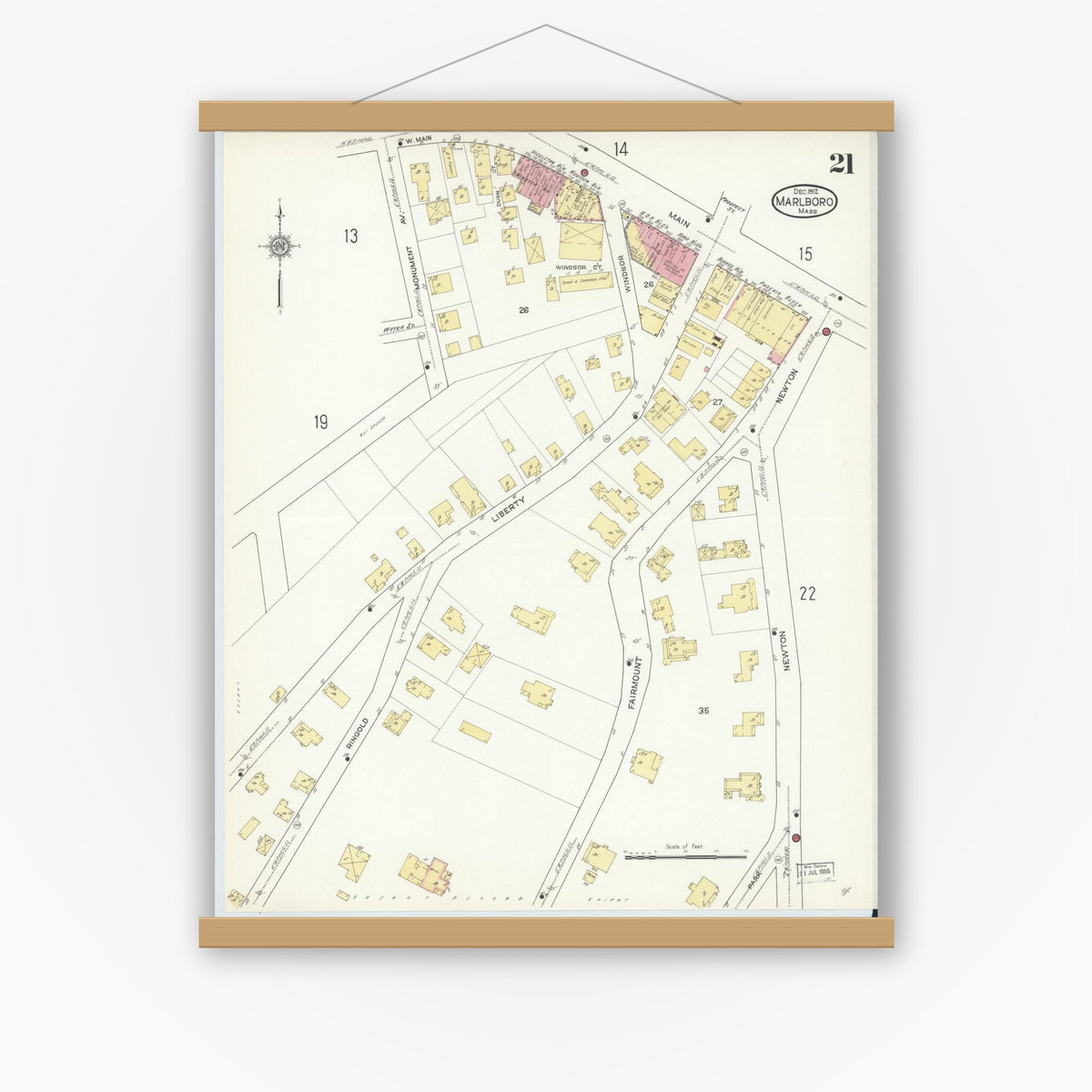 Old map wall art mockup — magnetic wood frame on white wall — Sanborn Fire Insurance Map from Marlborough, Middlesex County, Massachusetts (1912), Sheet #0021