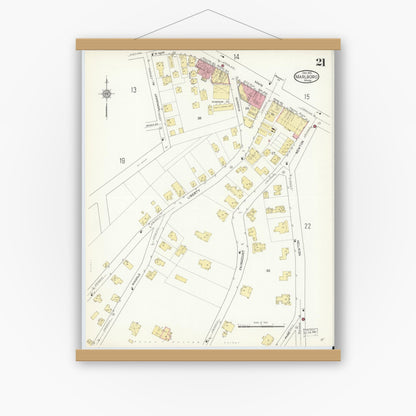 Old map wall art mockup — magnetic wood frame on white wall — Sanborn Fire Insurance Map from Marlborough, Middlesex County, Massachusetts (1912), Sheet #0021