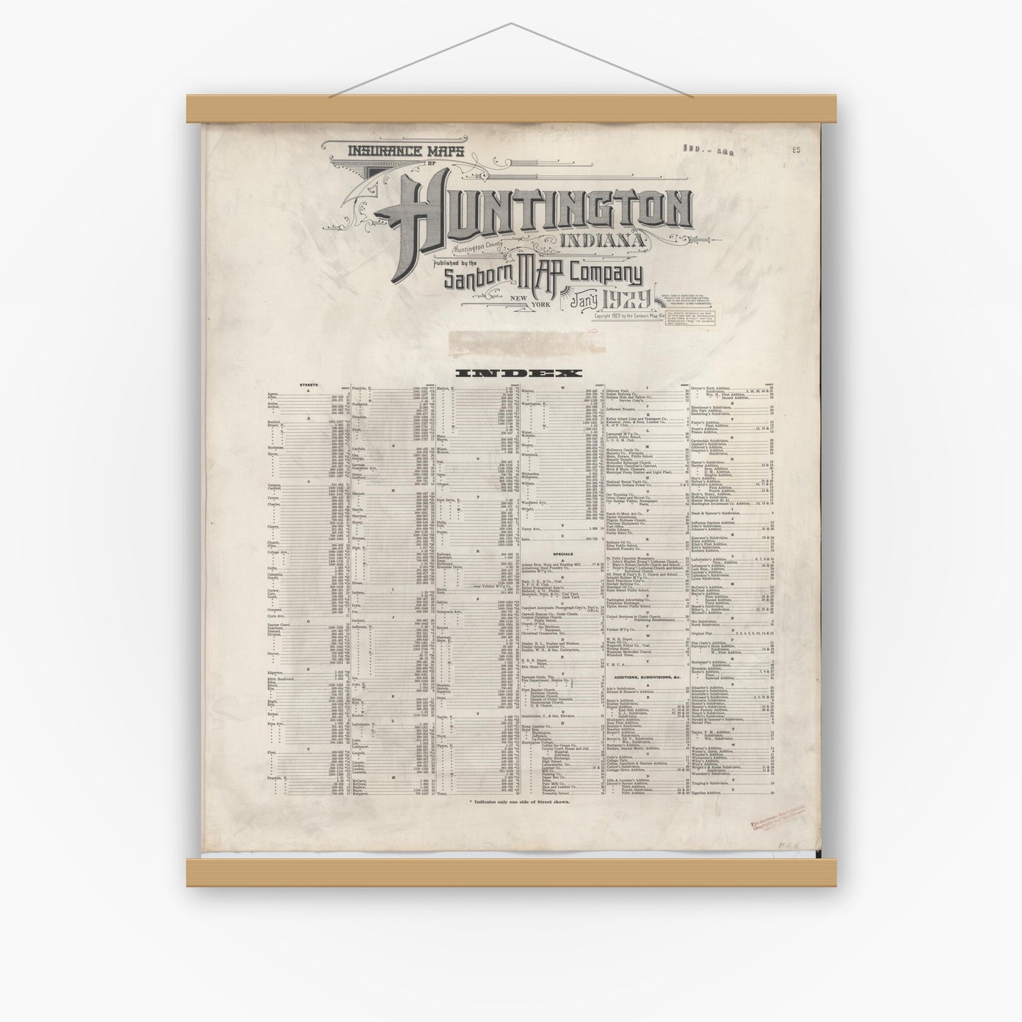 Old map wall art mockup — magnetic wood frame on white wall — Sanborn Fire Insurance Map from Huntington, Huntington County, Indiana (1946), Sheet #0001