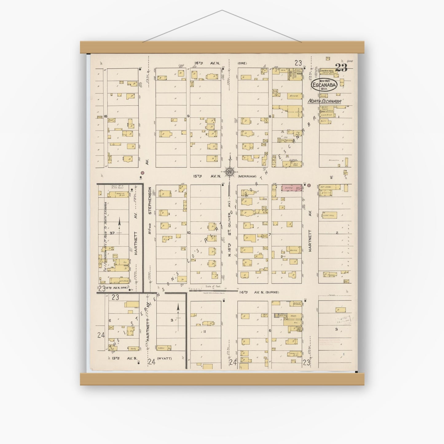 Old map wall art mockup — magnetic wood frame on white wall — Sanborn Fire Insurance Map from Escanaba, Delta County, Michigan (1921), Sheet #0023