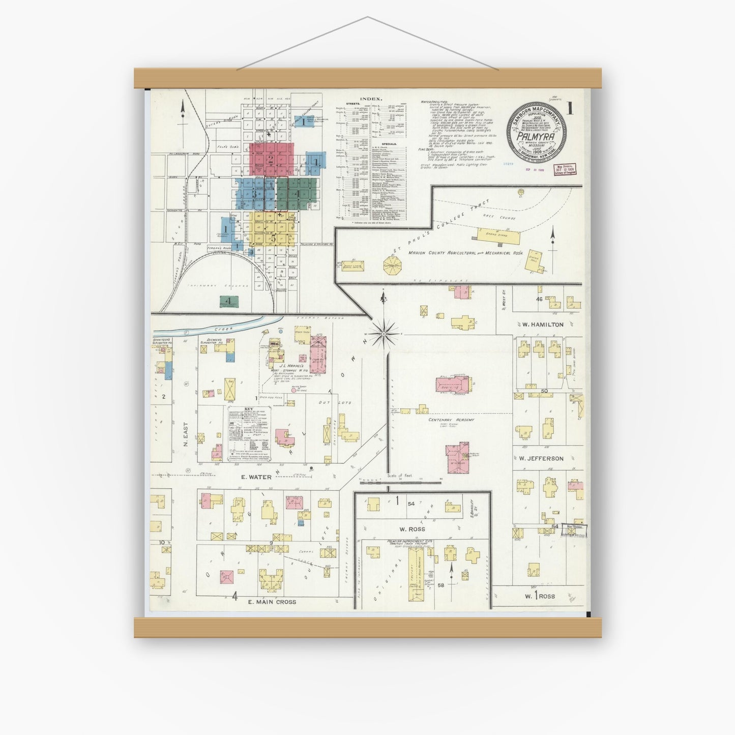 Old map wall art mockup — magnetic wood frame on white wall — Sanborn Fire Insurance Map from Palmyra, Marion County, Missouri (1909) - Complete Map Set
