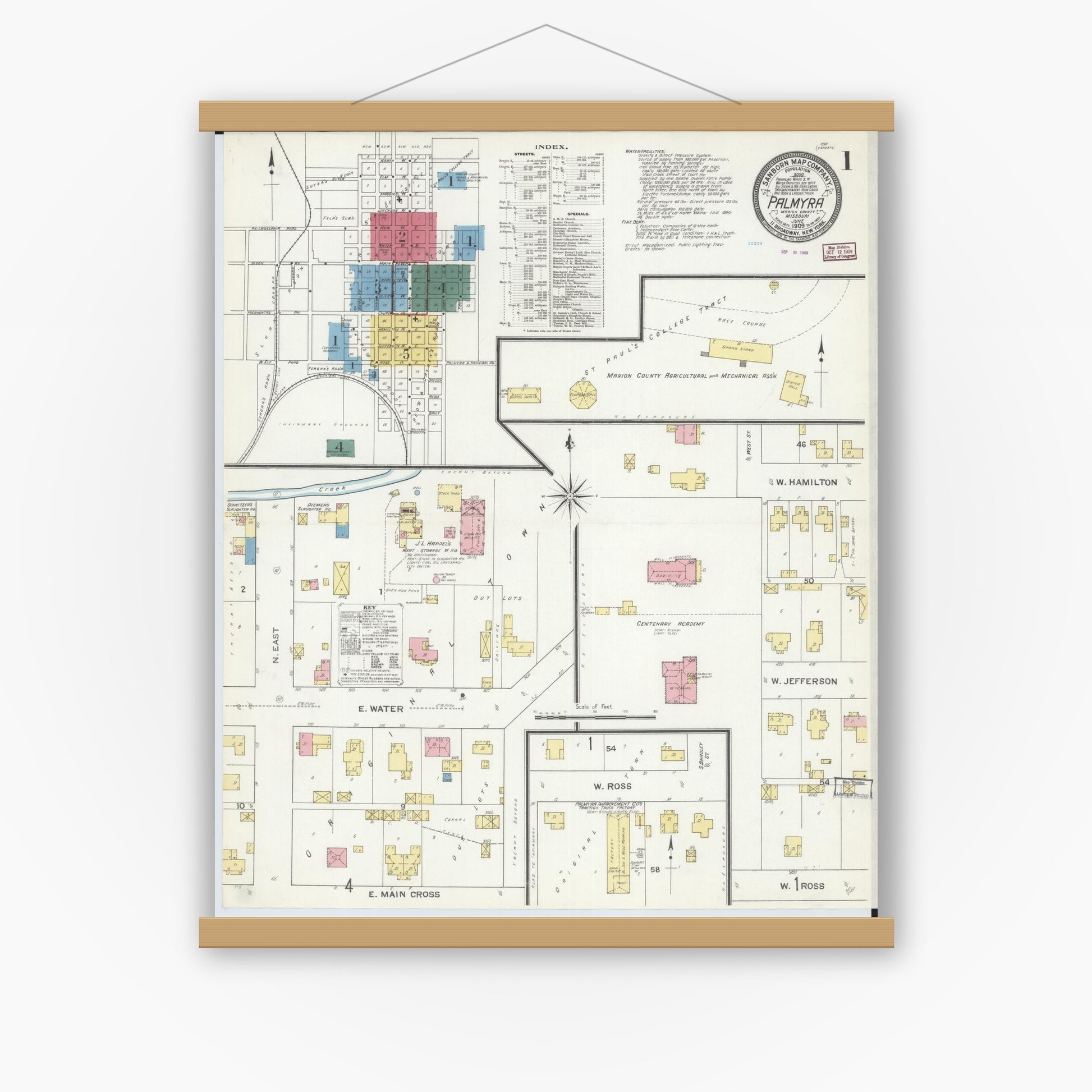 Old map wall art mockup — magnetic wood frame on white wall — Sanborn Fire Insurance Map from Palmyra, Marion County, Missouri (1909) - Complete Map Set