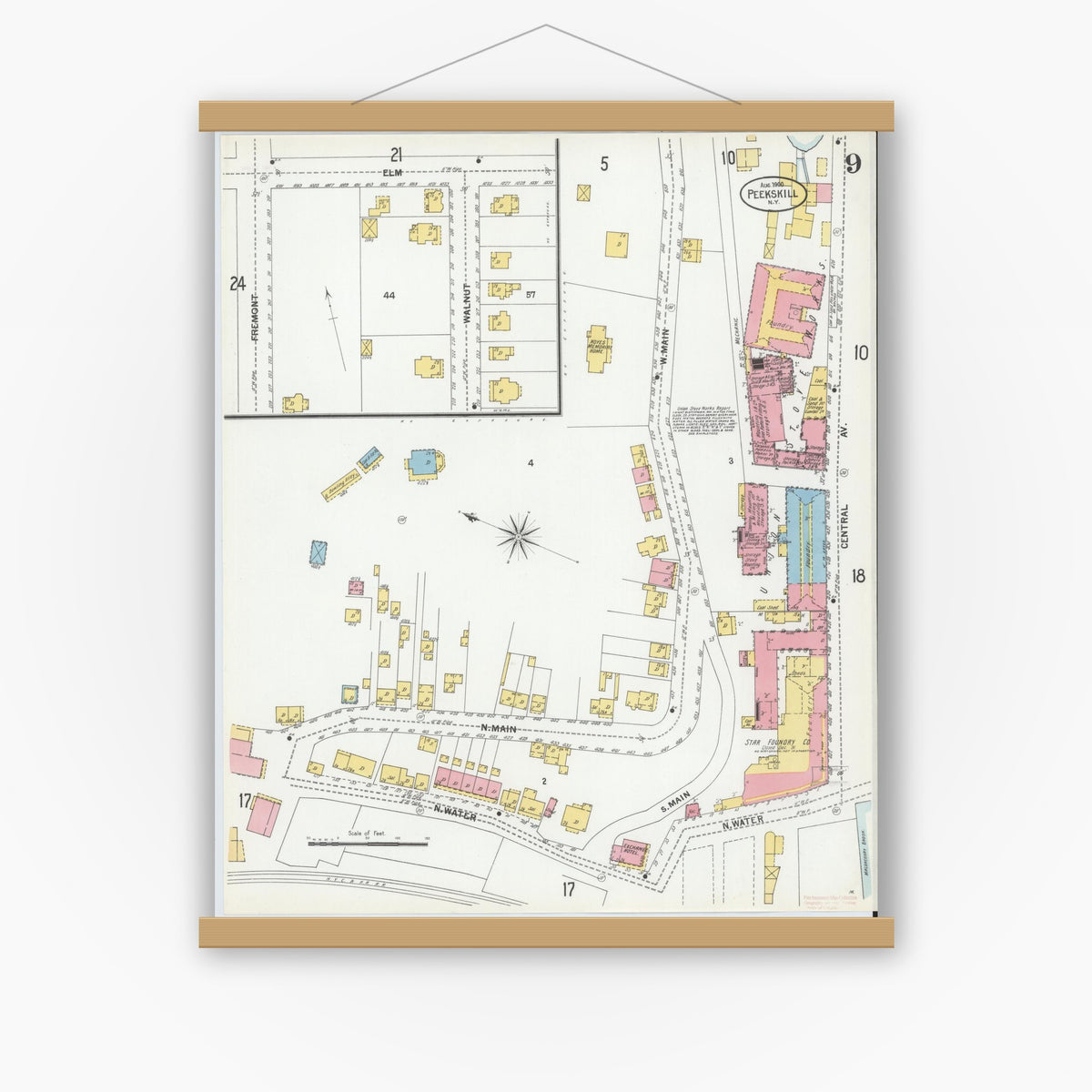 Old map wall art mockup — magnetic wood frame on white wall — Sanborn Fire Insurance Map from Peekskill, Westchester County, New York (1900), Sheet #0009