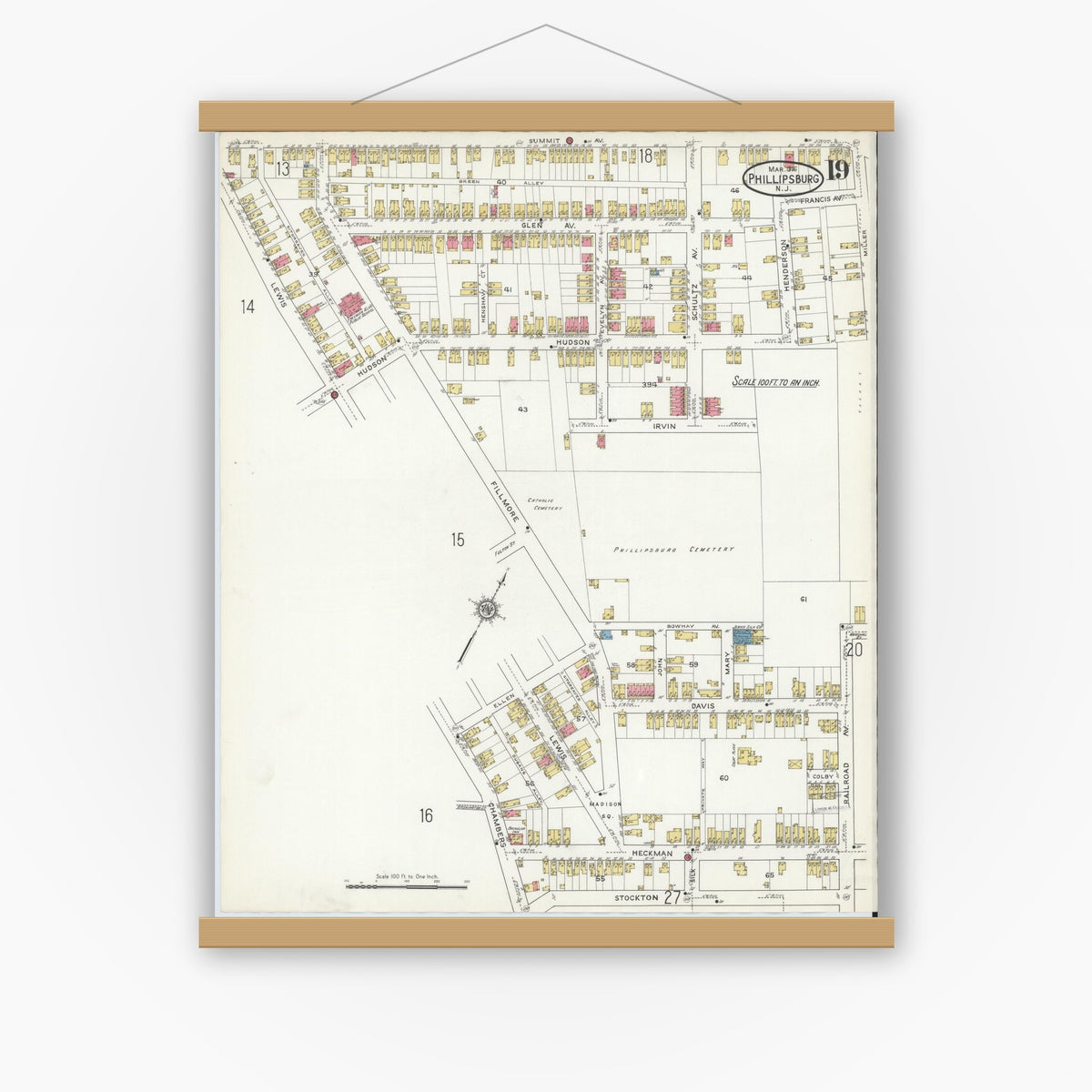 Old map wall art mockup — magnetic wood frame on white wall — Sanborn Fire Insurance Map from Phillipsburg, Warren County, New Jersey (1916), Sheet #0019