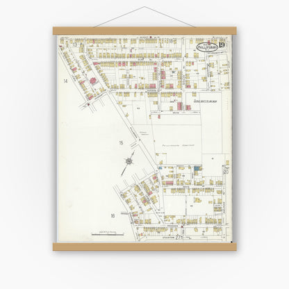 Old map wall art mockup — magnetic wood frame on white wall — Sanborn Fire Insurance Map from Phillipsburg, Warren County, New Jersey (1916), Sheet #0019