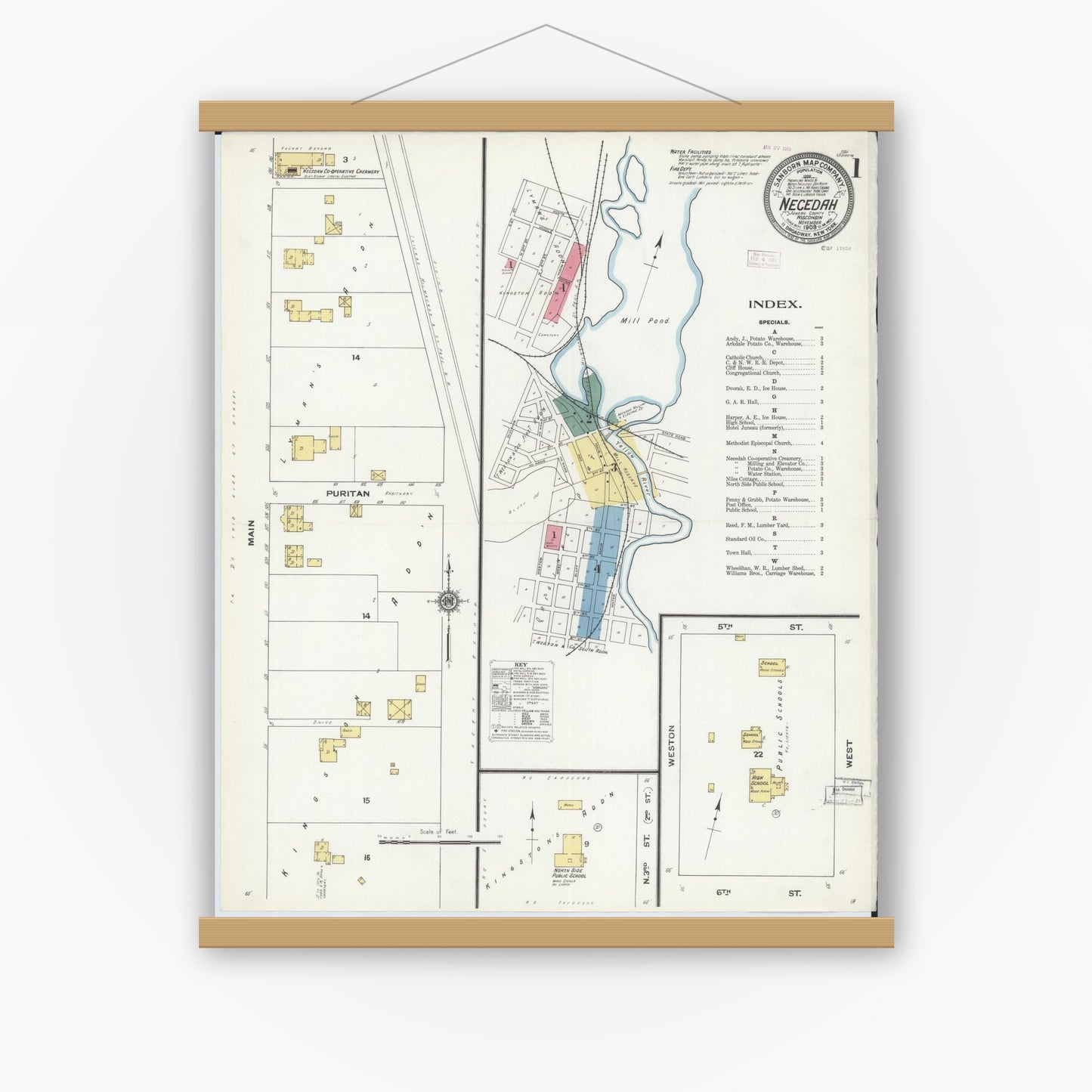 Old map wall art mockup — magnetic wood frame on white wall — Sanborn Fire Insurance Map from Necedah, Juneau County, Wisconsin (1909), Sheet #0001