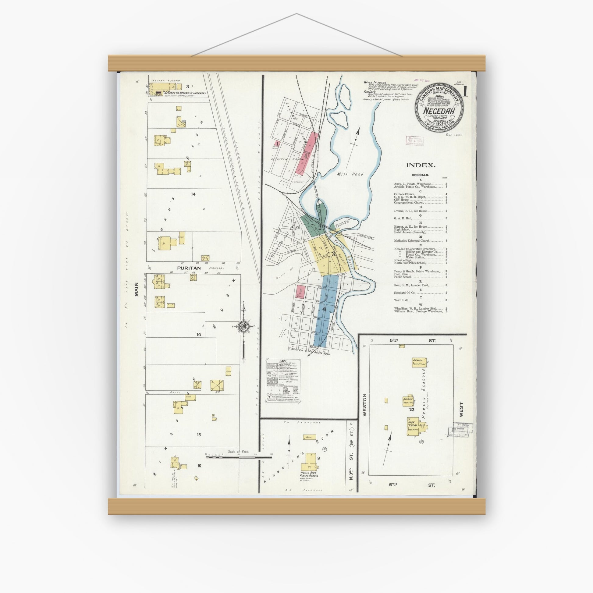 Old map wall art mockup — magnetic wood frame on white wall — Sanborn Fire Insurance Map from Necedah, Juneau County, Wisconsin (1909), Sheet #0001