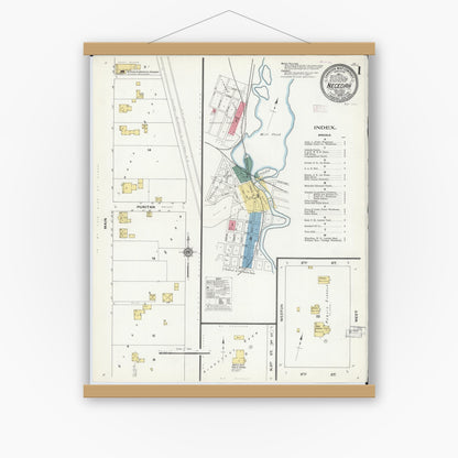 Old map wall art mockup — magnetic wood frame on white wall — Sanborn Fire Insurance Map from Necedah, Juneau County, Wisconsin (1909), Sheet #0001