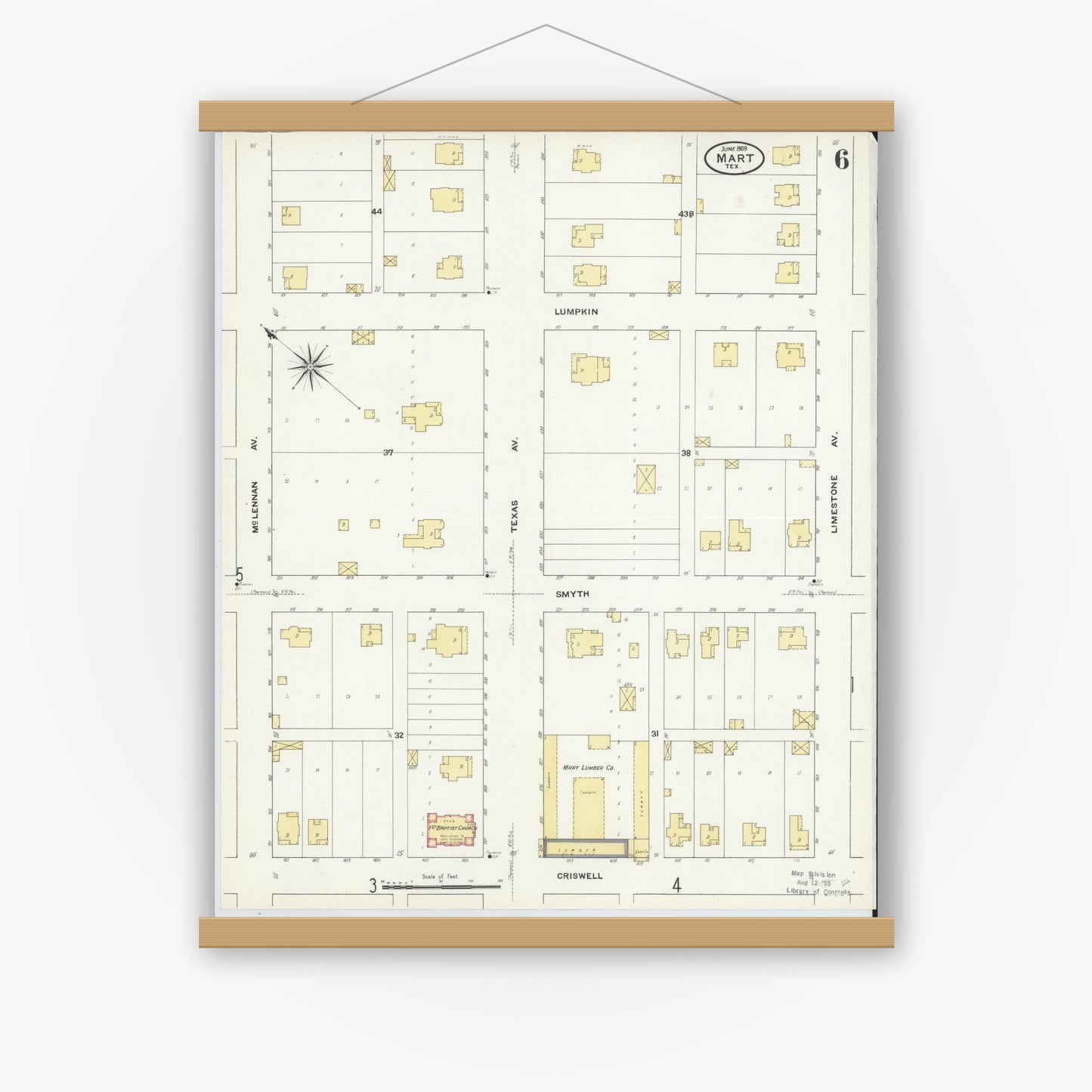 Old map wall art mockup — magnetic wood frame on white wall — Sanborn Fire Insurance Map from Mart, McLennan County, Texas (1909), Sheet #0006