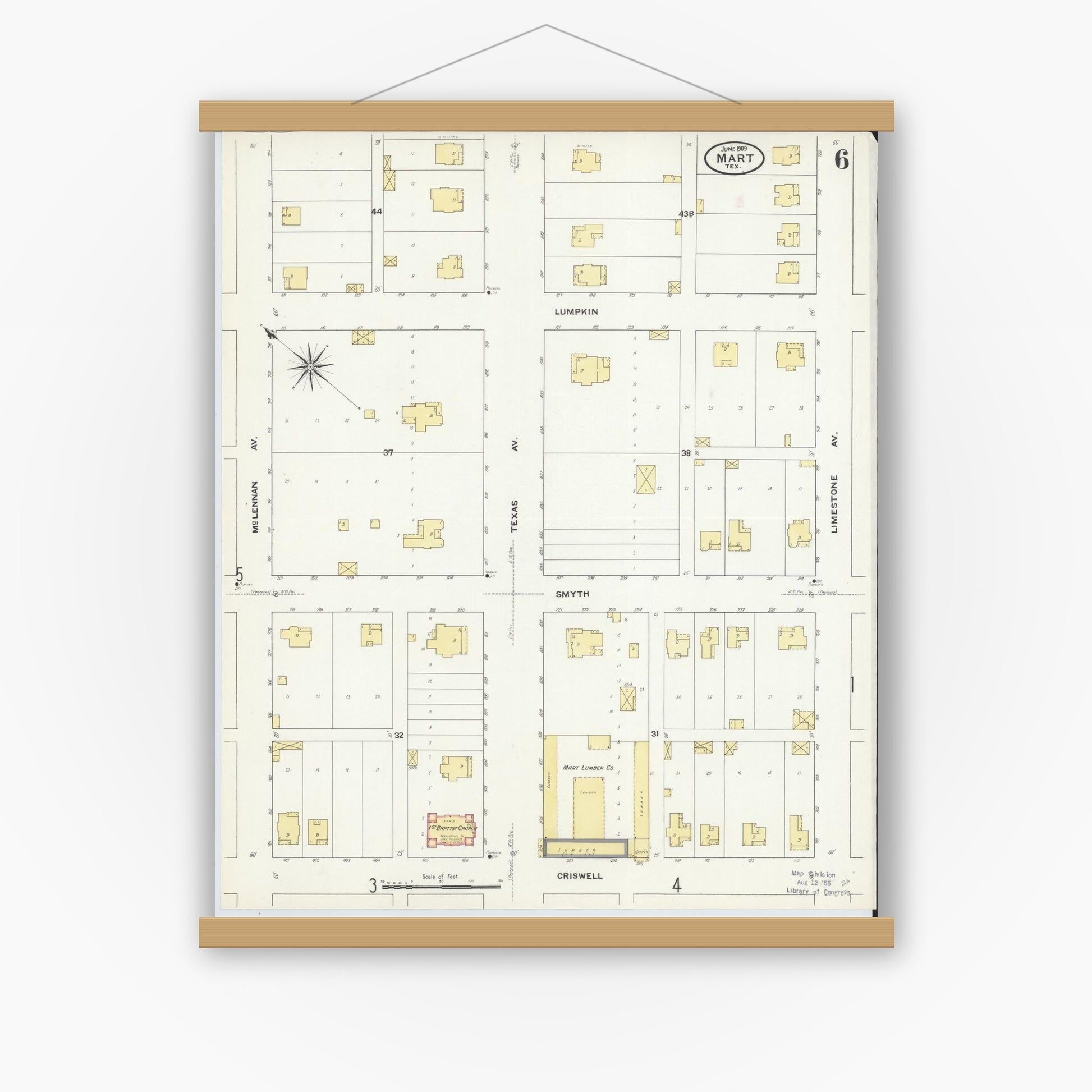 Old map wall art mockup — magnetic wood frame on white wall — Sanborn Fire Insurance Map from Mart, McLennan County, Texas (1909), Sheet #0006