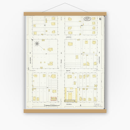 Old map wall art mockup — magnetic wood frame on white wall — Sanborn Fire Insurance Map from Mart, McLennan County, Texas (1909), Sheet #0006
