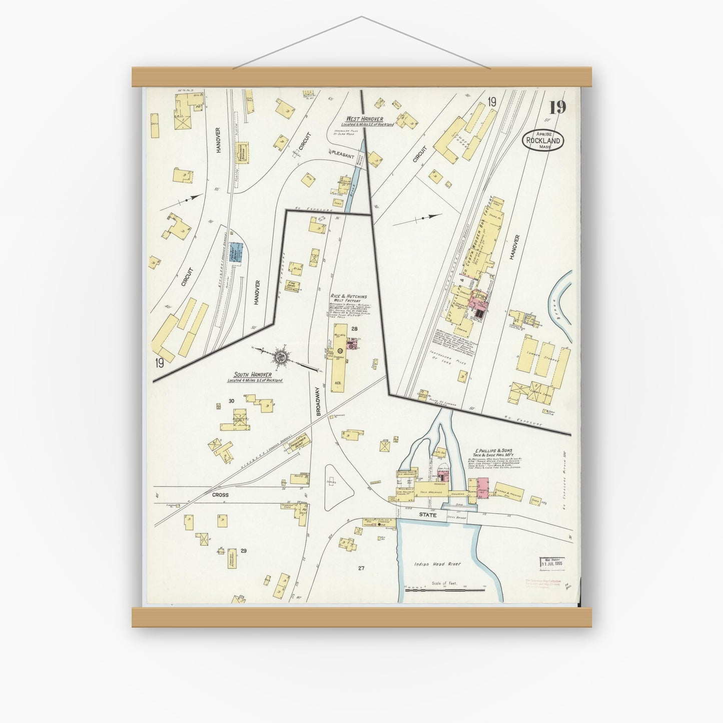 Old map wall art mockup — magnetic wood frame on white wall — Sanborn Fire Insurance Map from Rockland, Plymouth County, Massachusetts (1912), Sheet #0019