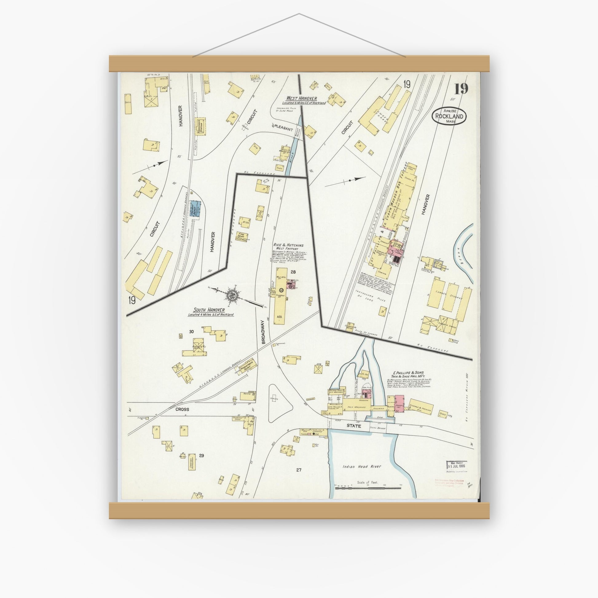 Old map wall art mockup — magnetic wood frame on white wall — Sanborn Fire Insurance Map from Rockland, Plymouth County, Massachusetts (1912), Sheet #0019