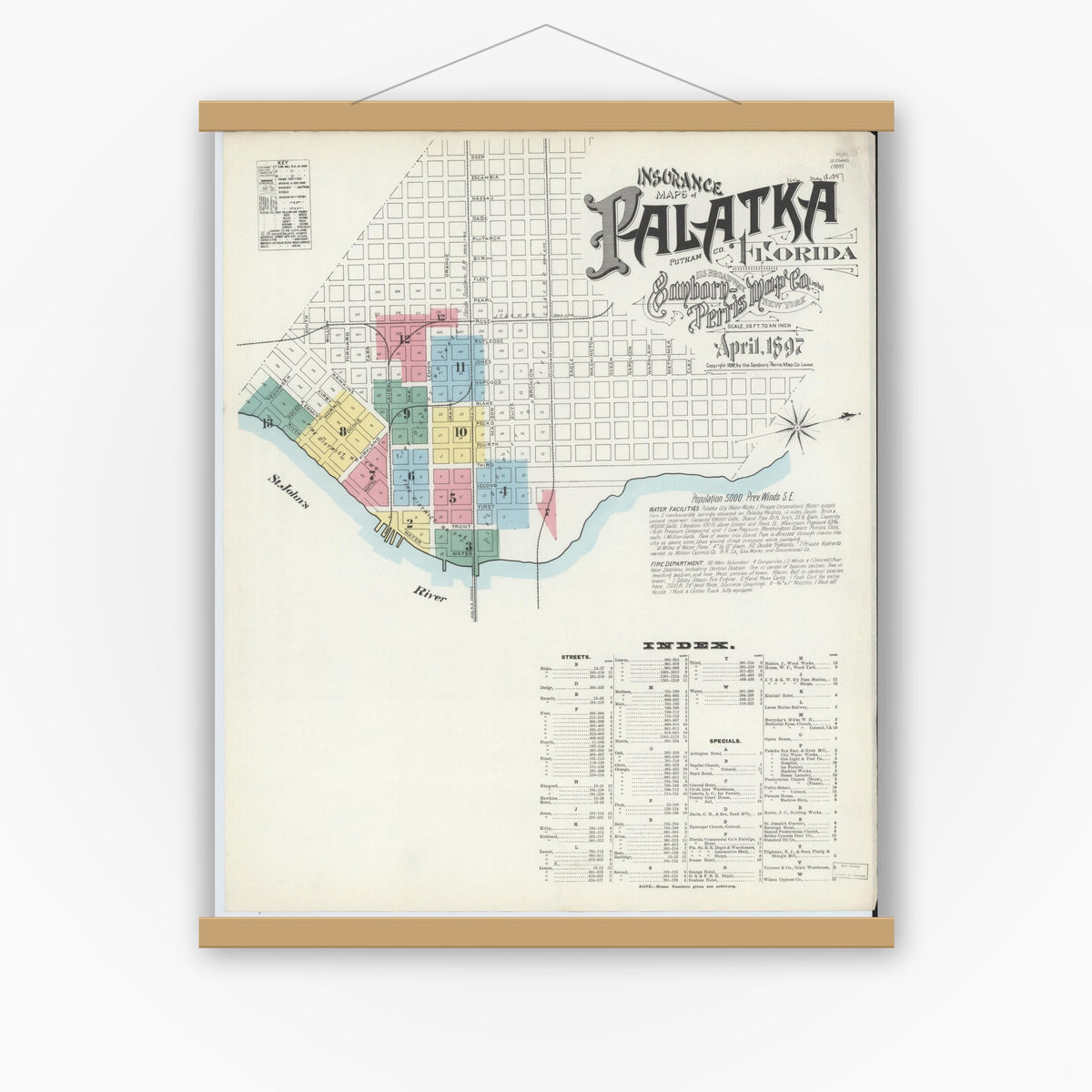 Old map wall art mockup — magnetic wood frame on white wall — Sanborn Fire Insurance Map from Palatka, Putnam County, Florida (1897), Sheet #0001