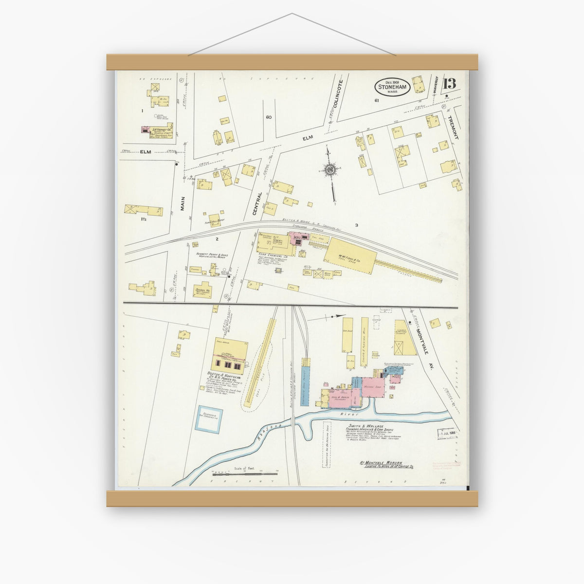 Old map wall art mockup — magnetic wood frame on white wall — Sanborn Fire Insurance Map from Stoneham, Middlesex County, Massachusetts (1909), Sheet #0013