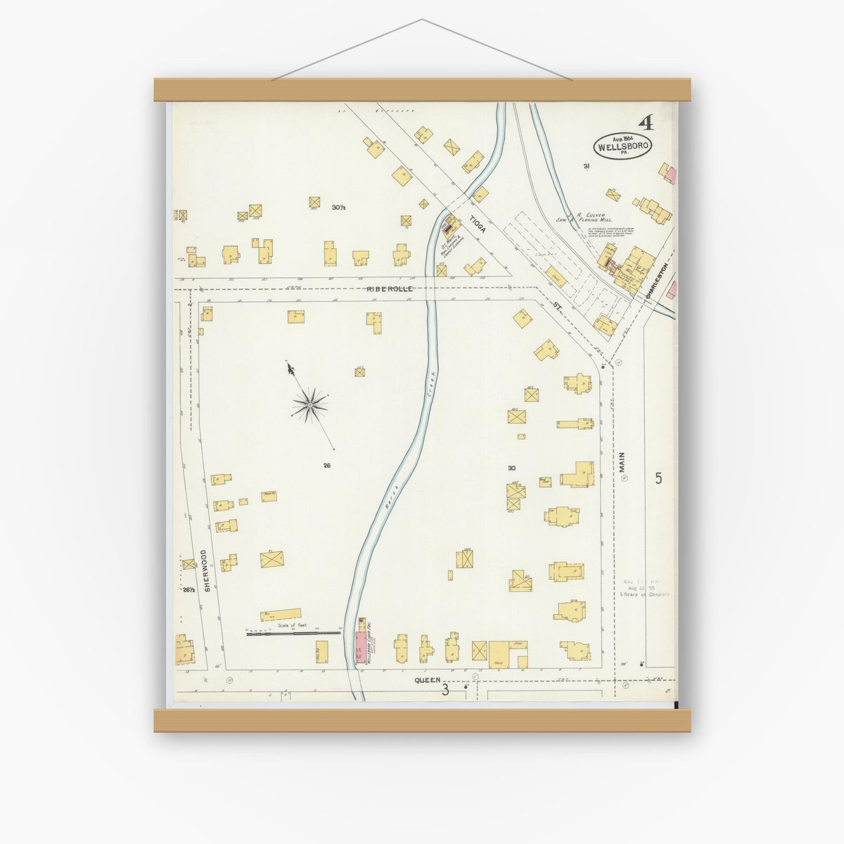 Old map wall art mockup — magnetic wood frame on white wall — Sanborn Fire Insurance Map from Wellsboro, Tioga County, Pennsylvania (1904), Sheet #0004