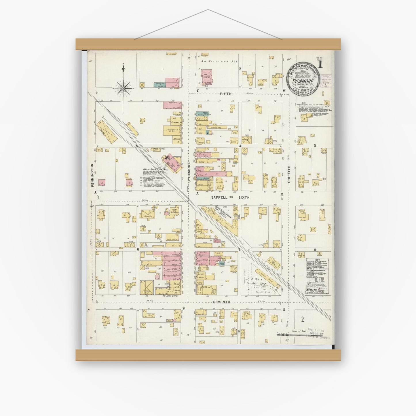 Old map wall art mockup — magnetic wood frame on white wall — Sanborn Fire Insurance Map from Sycamore, Wyandot County, Ohio (1902) - Complete Map Set