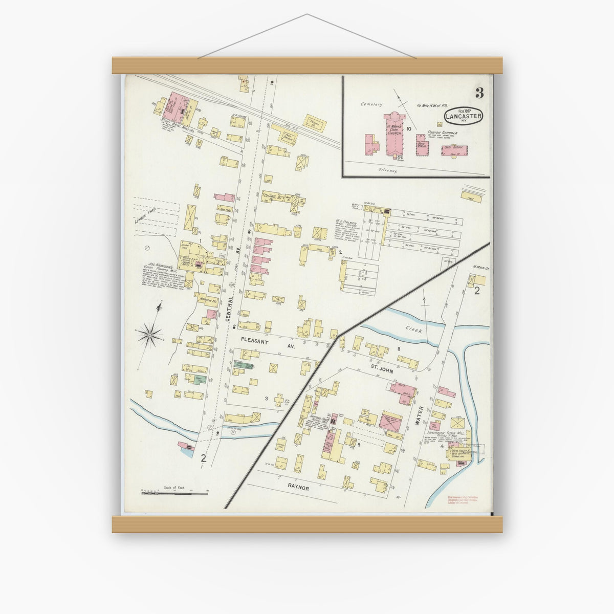 Old map wall art mockup — magnetic wood frame on white wall — Sanborn Fire Insurance Map from Lancaster, Erie County, New York (1897), Sheet #0003