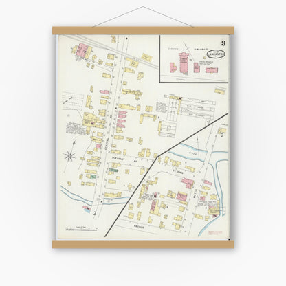 Old map wall art mockup — magnetic wood frame on white wall — Sanborn Fire Insurance Map from Lancaster, Erie County, New York (1897), Sheet #0003